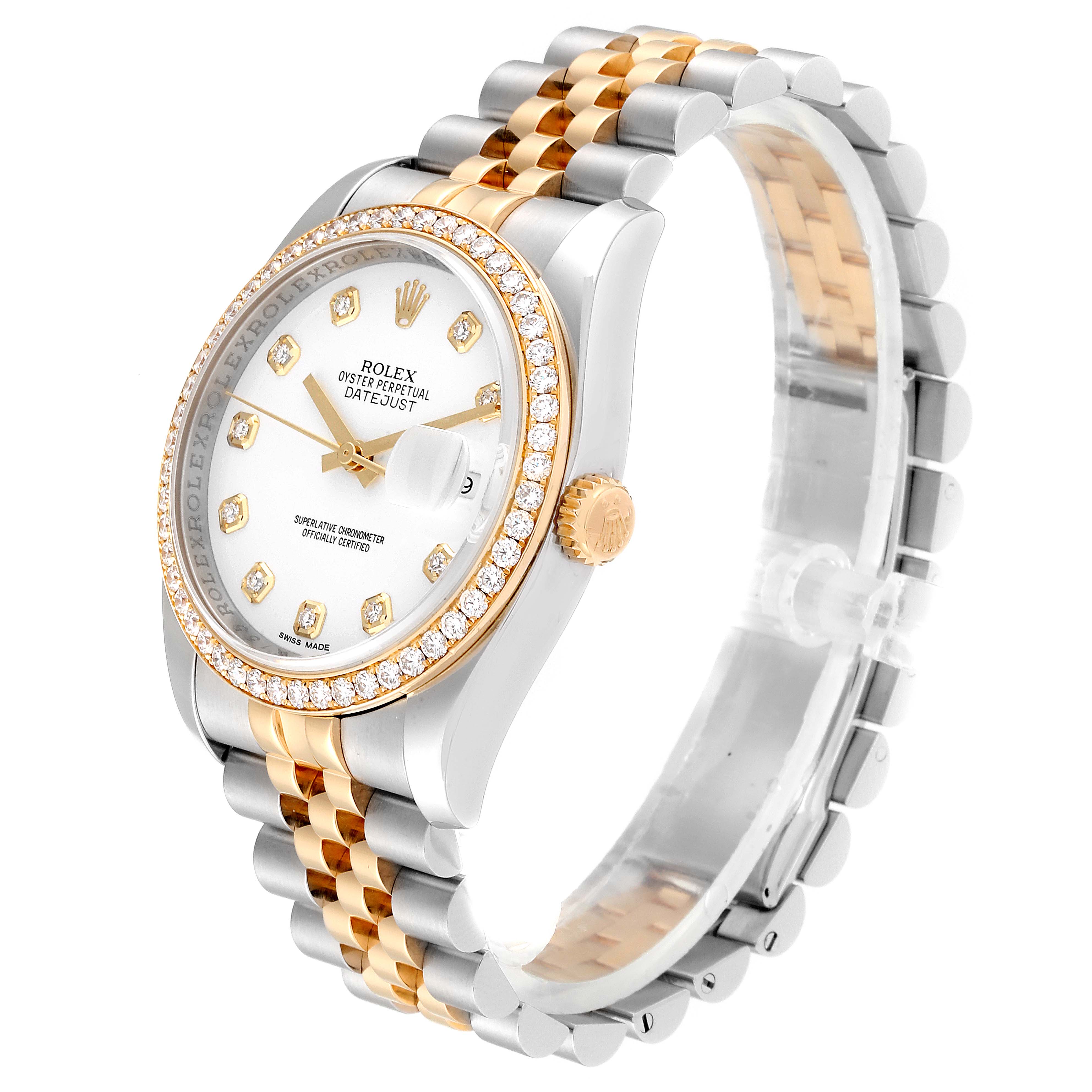 This image shows a Rolex Datejust 116243 Men's Steel and Gold (two tone) White Dial 116243 Men's Steel and Gold (two tone) White Dial watch from an angled side view, highlighting its jubilee bracelet, diamond bezel, and dial details.