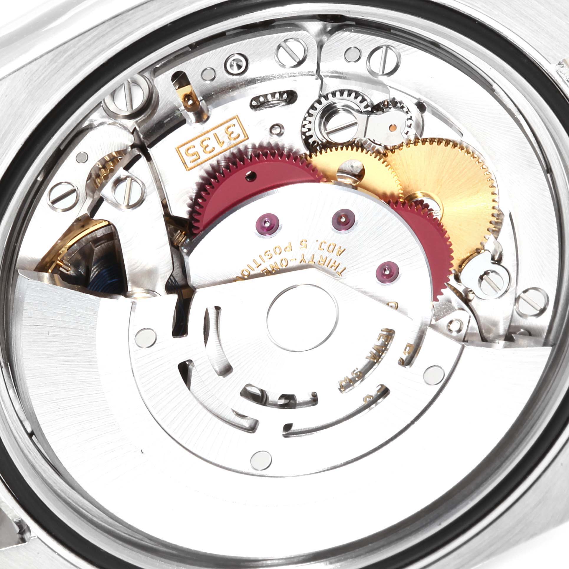 This image shows a close-up view of the movement mechanism inside a Rolex Datejust 116243 Men's Steel and Gold (two tone) White Dial 116243 Men's Steel and Gold (two tone) White Dial watch.