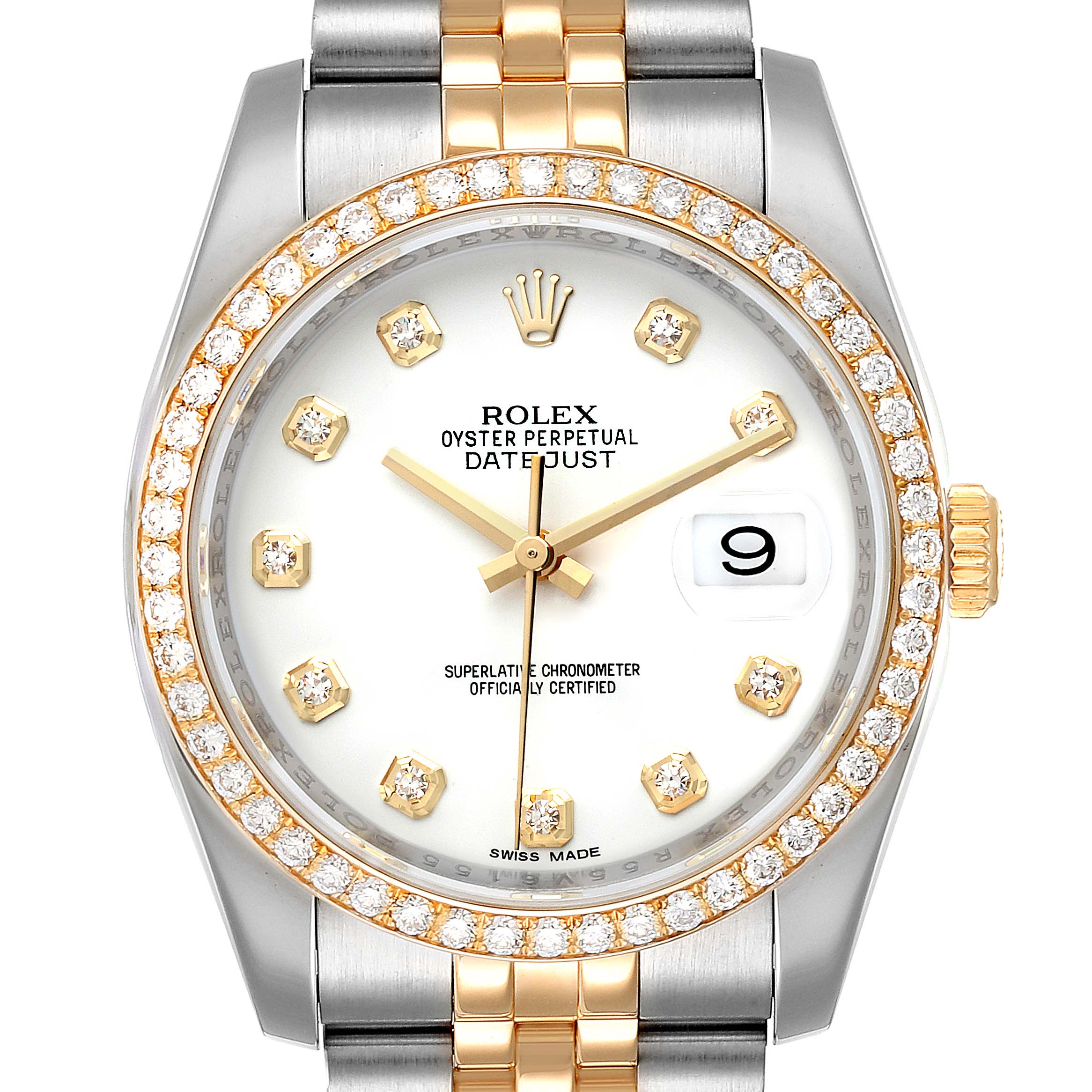 This image depicts a front view of a Rolex Datejust 116243 Men's Steel and Gold (two tone) White Dial 116243 Men's Steel and Gold (two tone) White Dial watch, highlighting its diamond-studded bezel and dial, date display, and two-tone bracelet.