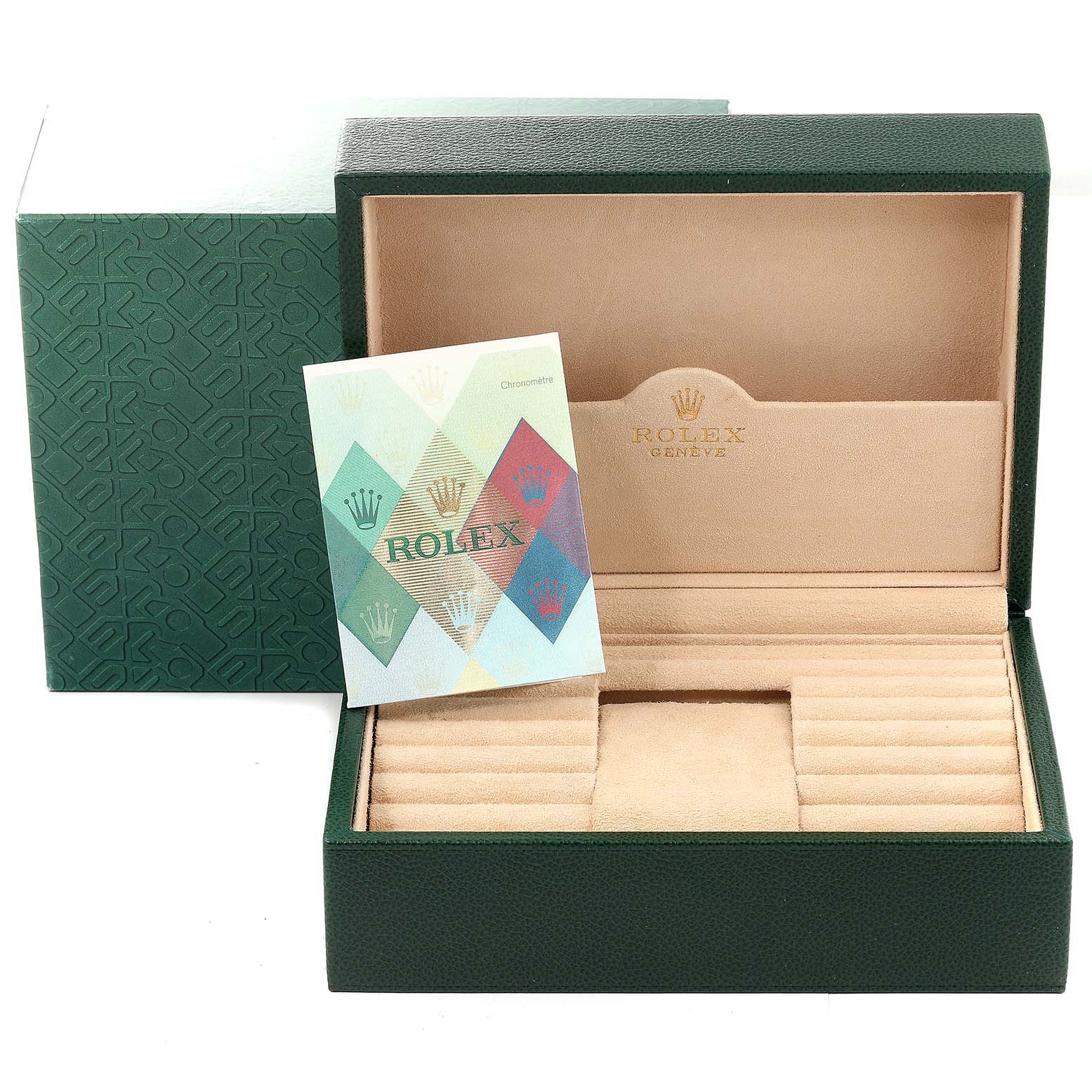 The image shows a green Rolex box for the President model, including an open case with a booklet and sections for storing the watch.