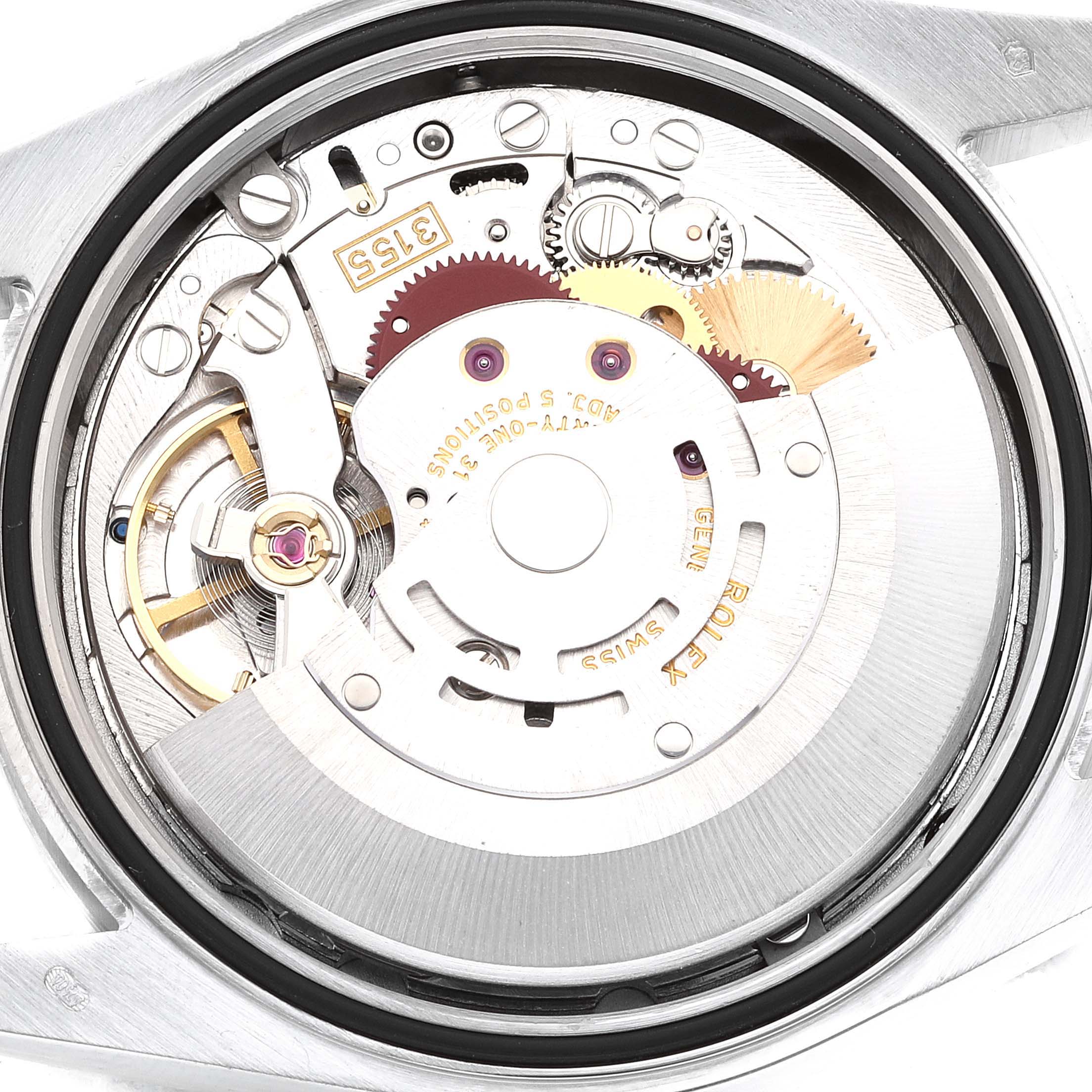 The image shows a close-up view of the Rolex President 118239 Men's White Gold Silver Dial 118239 Men's White Gold Silver Dial model watch's internal mechanical movement from the back angle.