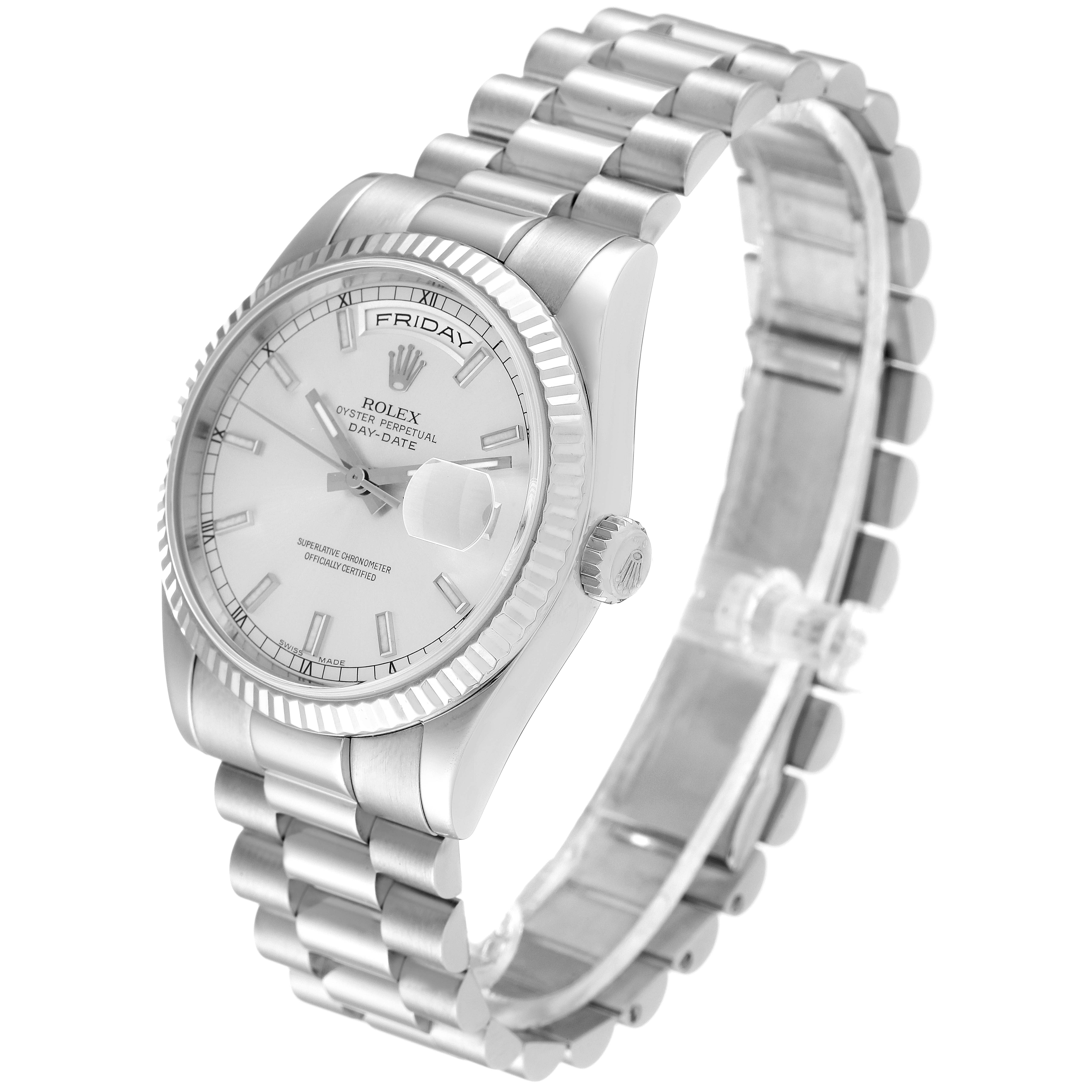 The Rolex President 118239 Men's White Gold Silver Dial 118239 Men's White Gold Silver Dial model watch is shown at a three-quarter angle, displaying the bracelet, dial, bezel, and crown.