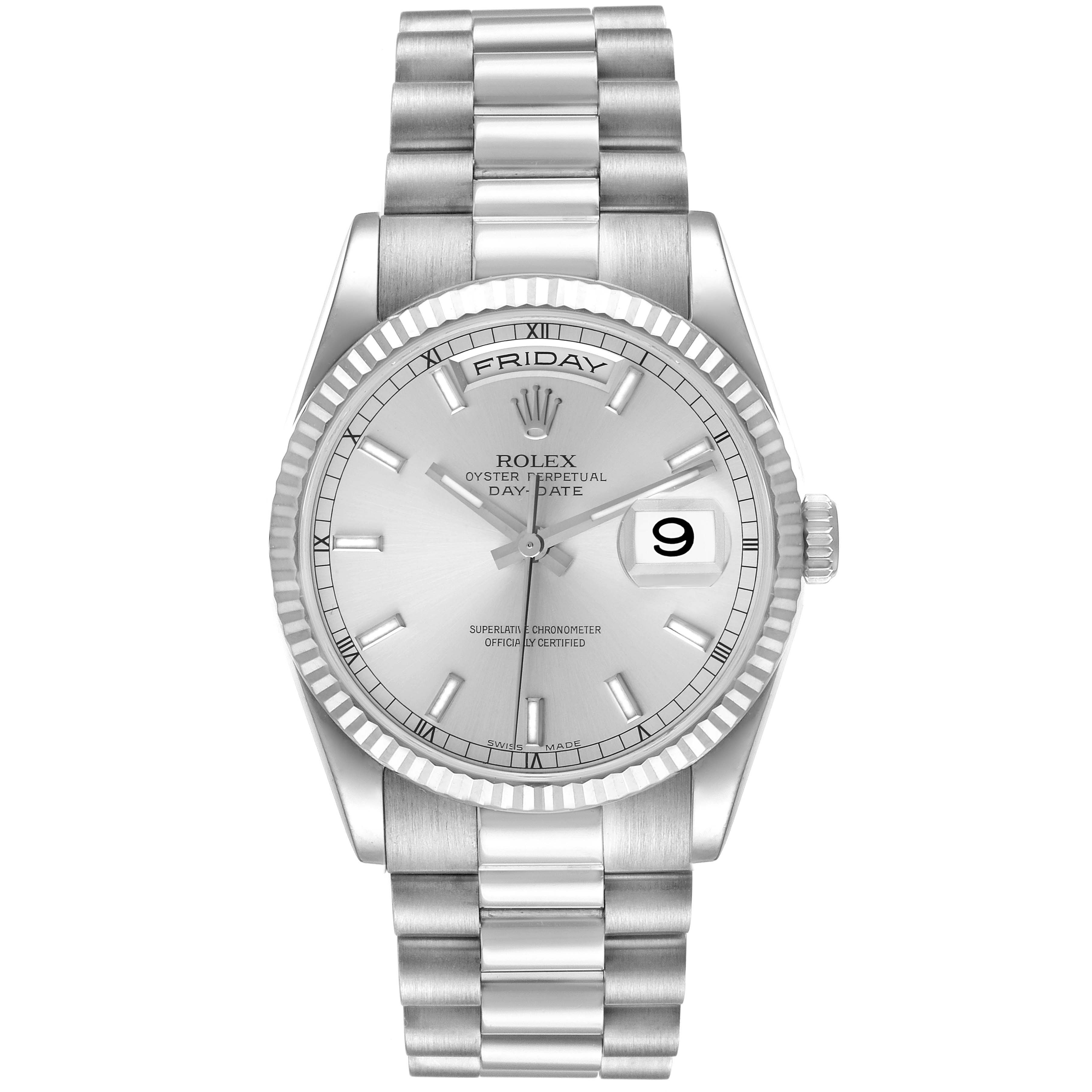 This image shows a front view of the Rolex President 118239 Men's White Gold Silver Dial 118239 Men's White Gold Silver Dial model, highlighting its silver dial, day-date feature, and metallic bracelet.