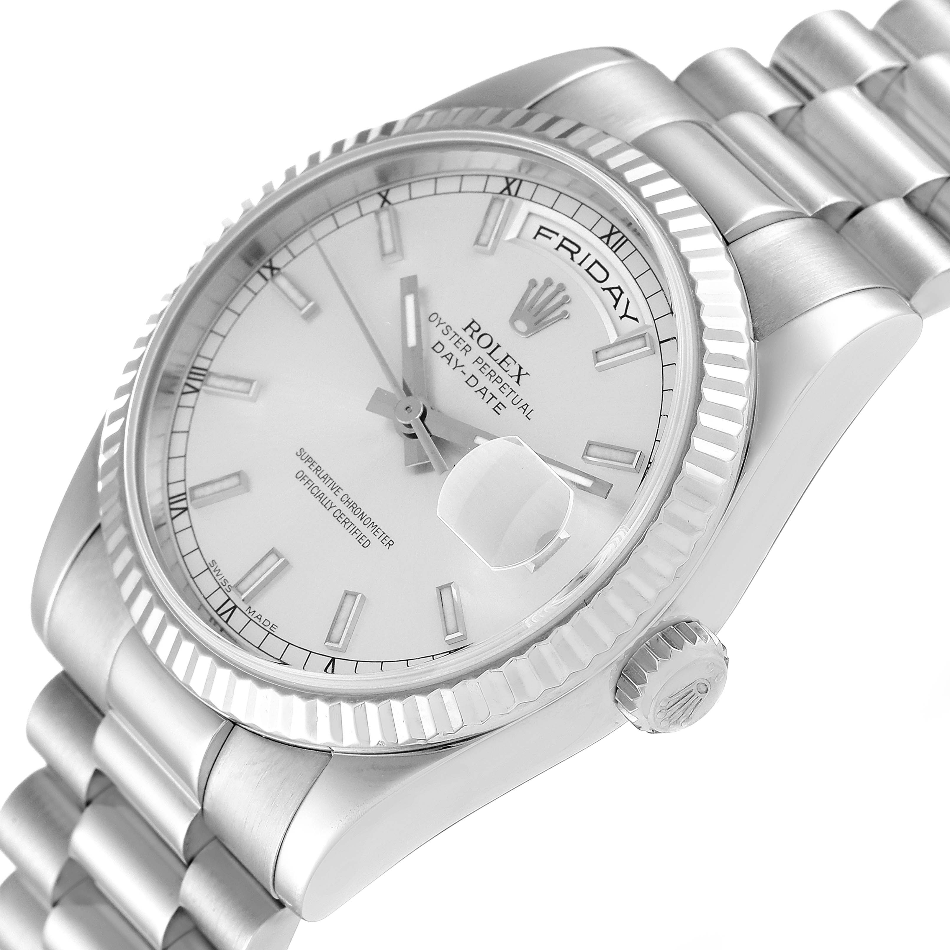 The image shows a side angle of the Rolex President 118239 Men's White Gold Silver Dial 118239 Men's White Gold Silver Dial Day-Date watch, highlighting its face, crown, and bracelet.