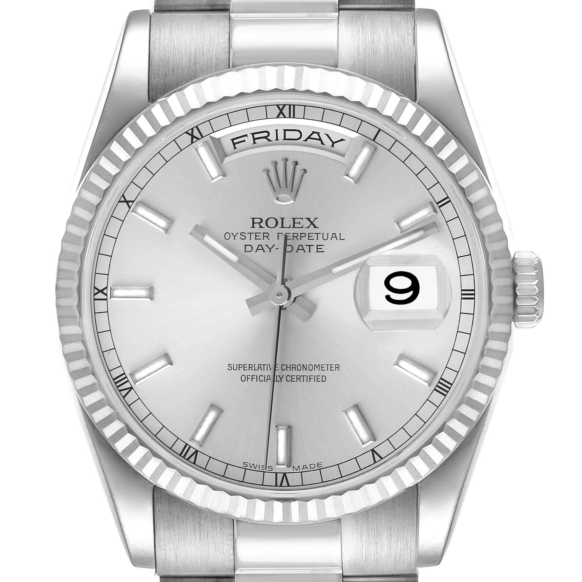 The image shows the front view of a Rolex President 118239 Men's White Gold Silver Dial 118239 Men's White Gold Silver Dial model watch, highlighting its dial, bezel, and part of the bracelet.