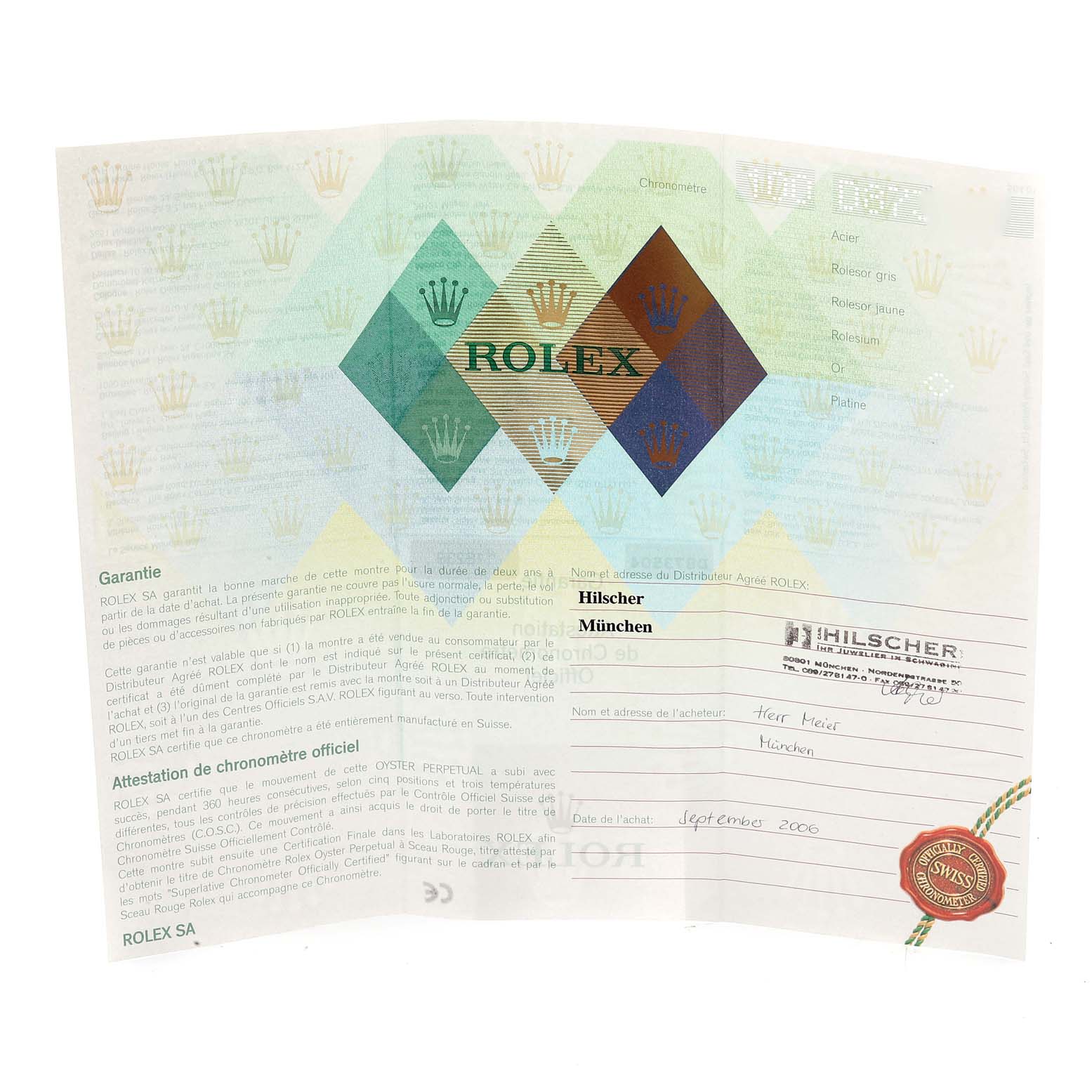 This image shows the warranty certificate for a Rolex President 118239 Men's White Gold Silver Dial 118239 Men's White Gold Silver Dial model watch from an authorized dealer named Hilscher in München.