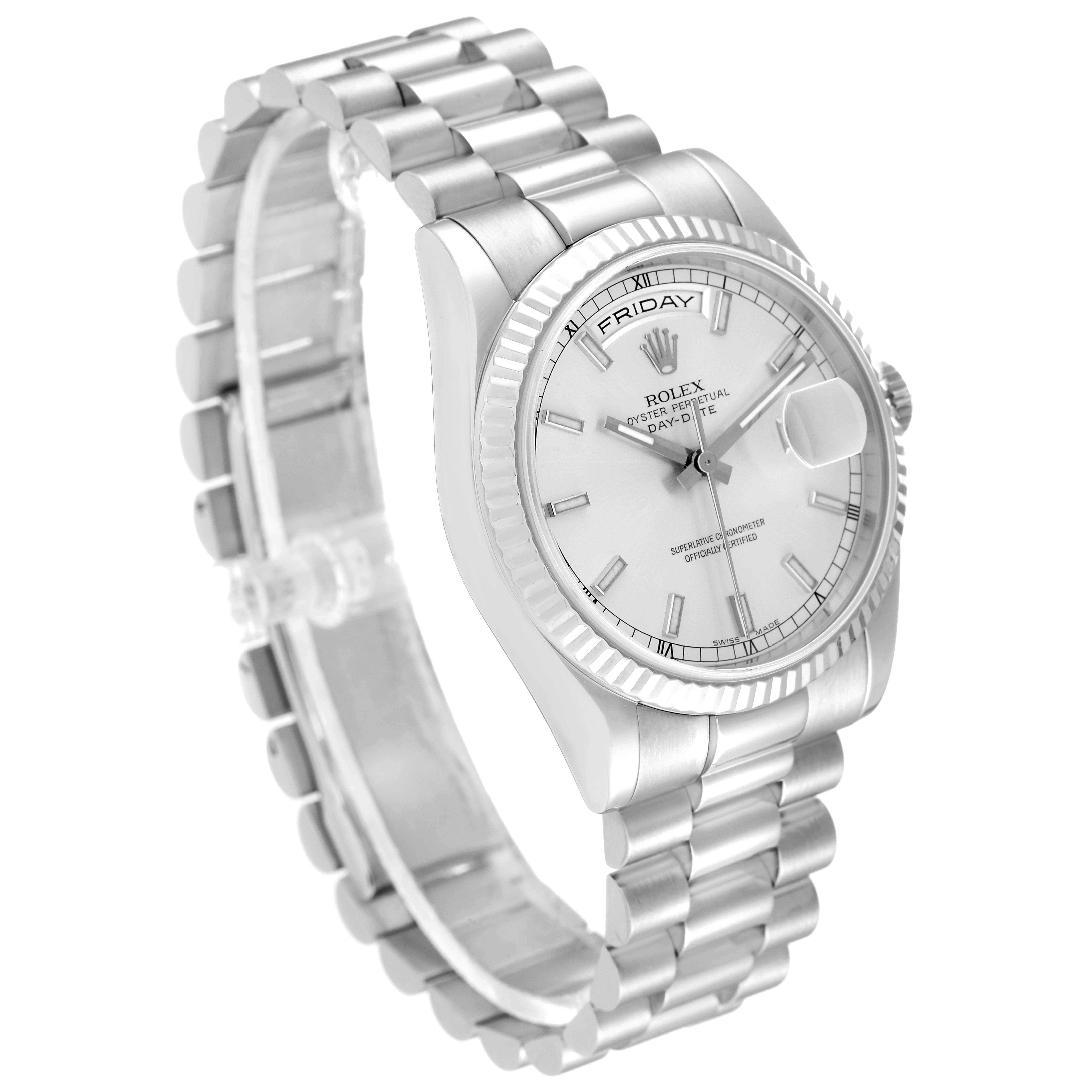 This Rolex President 118239 Men's White Gold Silver Dial 118239 Men's White Gold Silver Dial model watch is shown at a three-quarter angle, displaying the face, fluted bezel, and bracelet prominently.