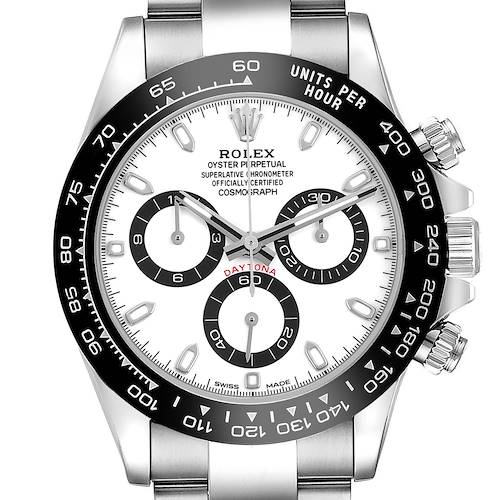 The image shows a front view of the Rolex Daytona M116500LN-0001 Men's Stainless Steel White Dial watch, highlighting its dial, bezel, and chronograph subdials.
