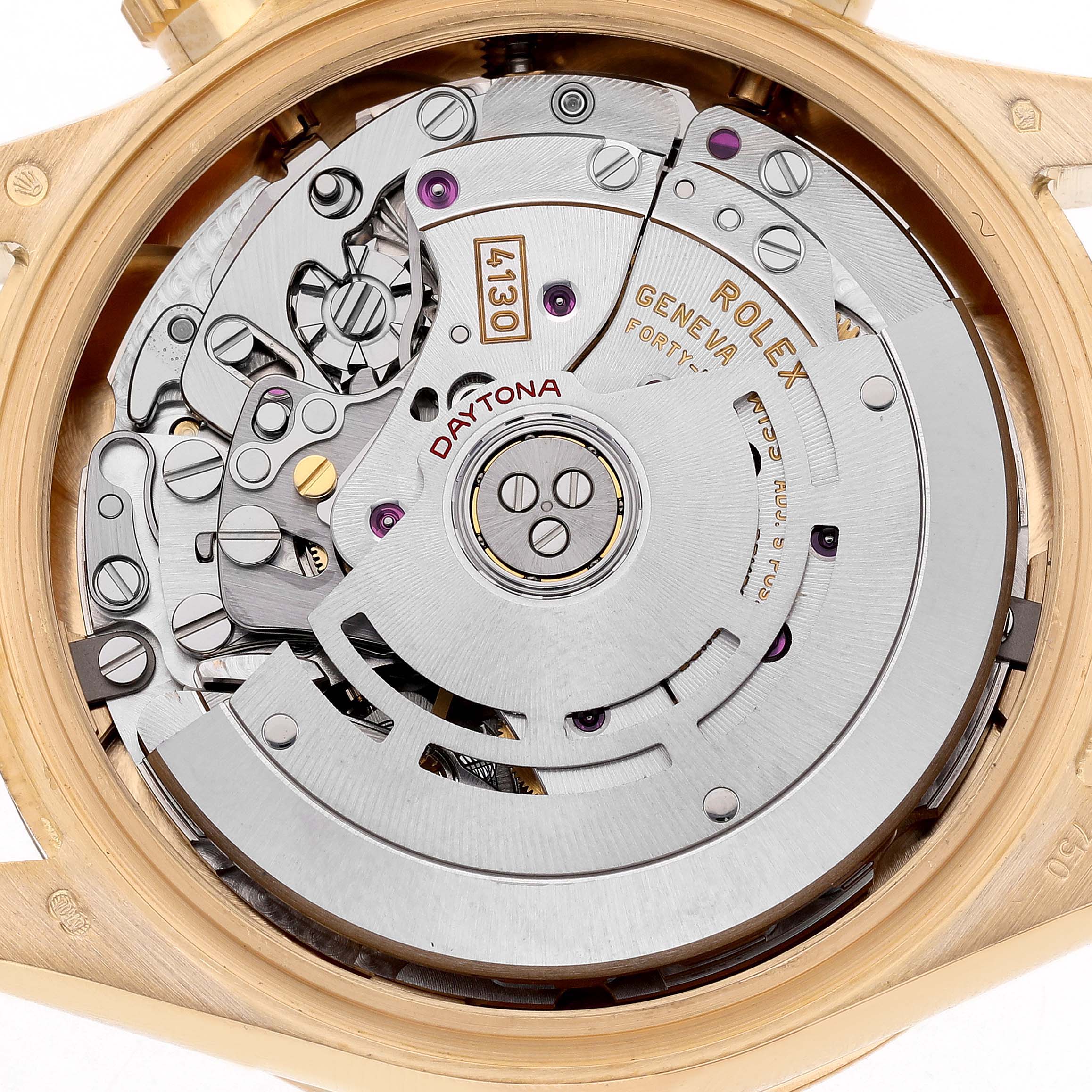 The image shows the movement mechanism of a Rolex Daytona 116508 Men's Yellow Gold Black Dial, viewed from the case back.