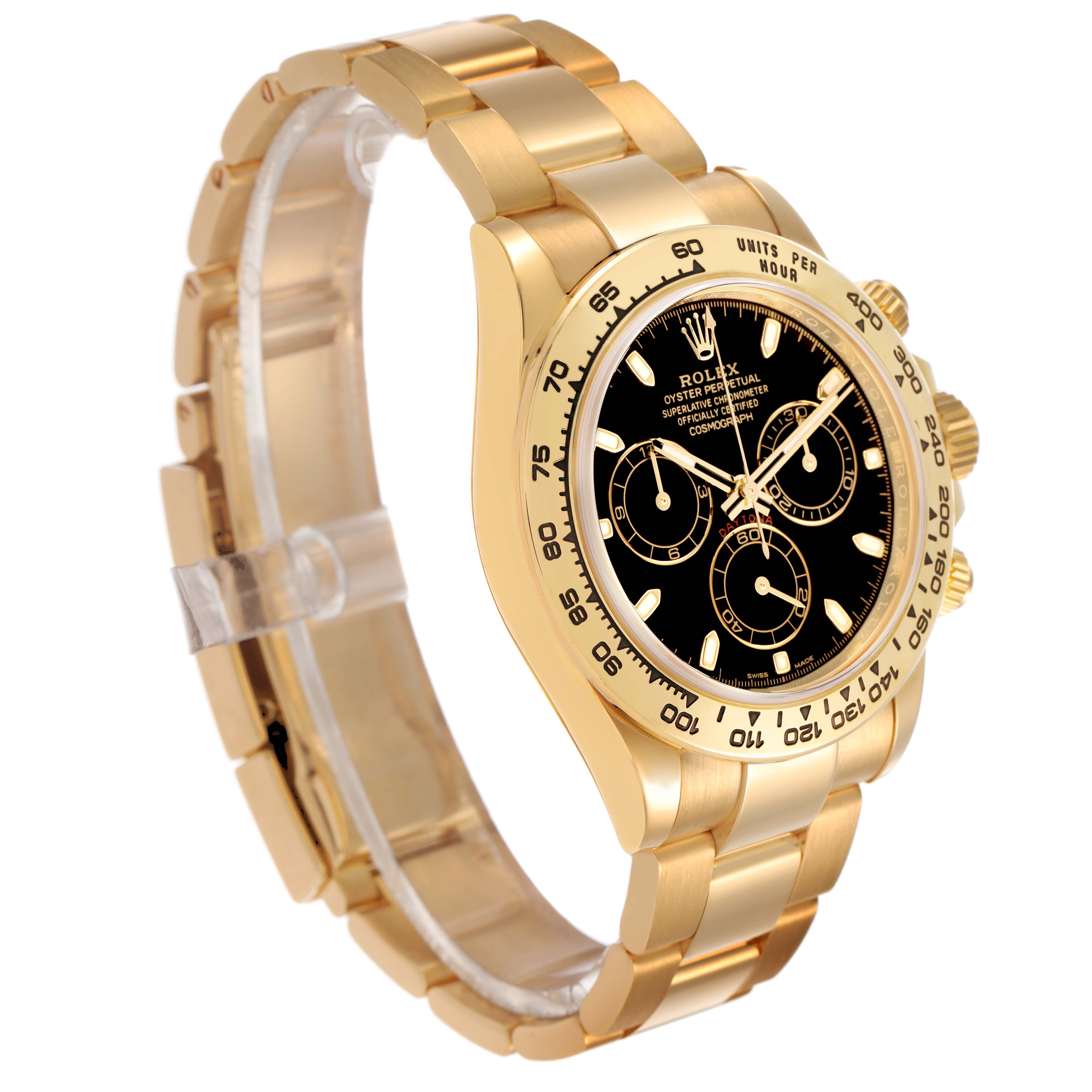 The Rolex Daytona 116508 Men's Yellow Gold Black Dial is shown at a side angle, highlighting its gold bracelet, black dial, and chronograph sub-dials.