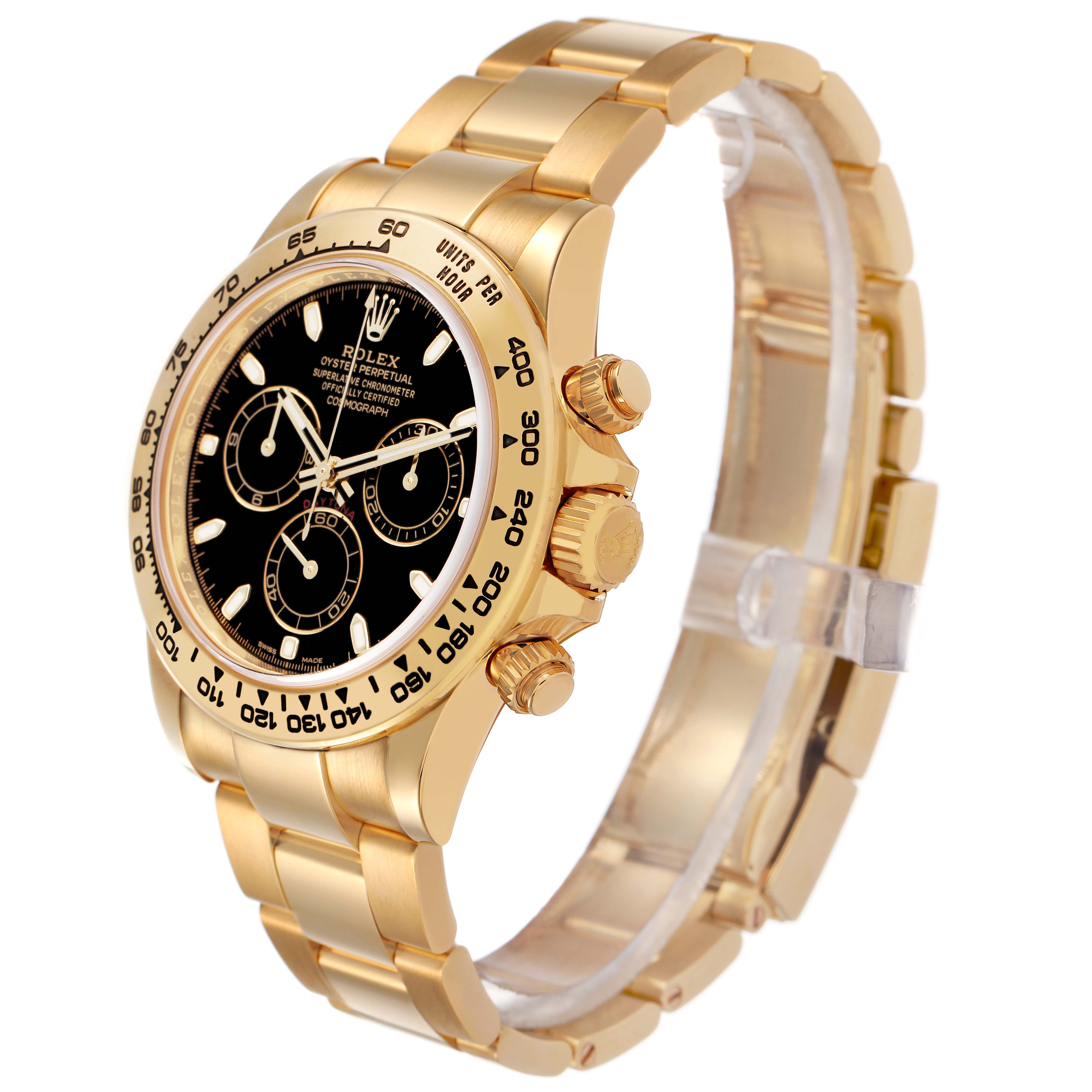 The Rolex Daytona 116508 Men's Yellow Gold Black Dial watch is shown at a three-quarter angle, highlighting the gold case, bezel, dial, and bracelet.