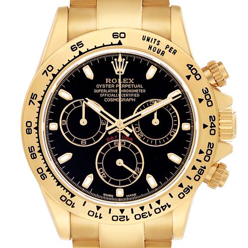 The Rolex Daytona 116508 Men's Yellow Gold Black Dial watch is shown from a front angle, highlighting the black dial, gold case, bezel, and pushers.