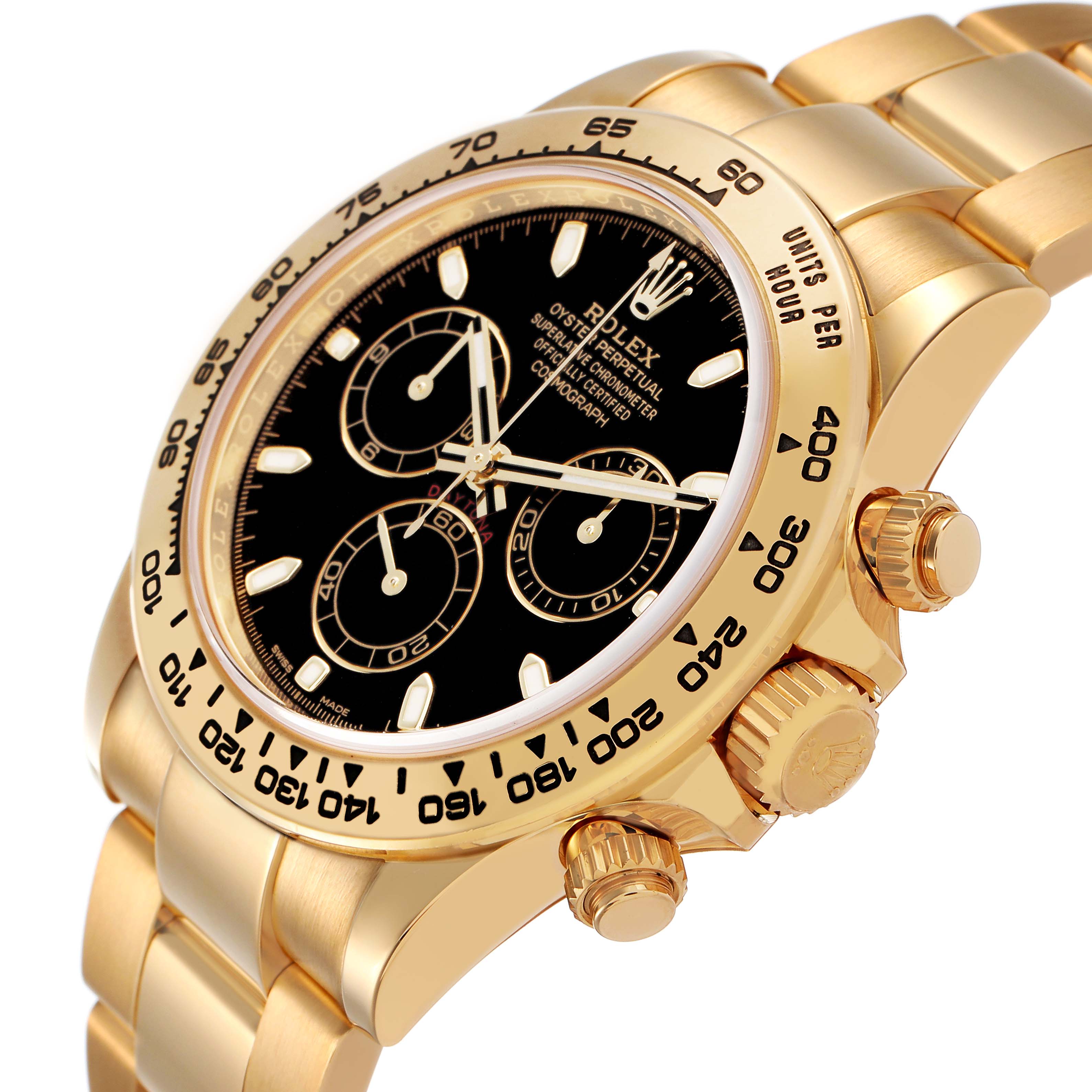 The Rolex Daytona 116508 Men's Yellow Gold Black Dial watch is shown at a slight angle, highlighting the black dial, gold bezel, and buttons on the side.