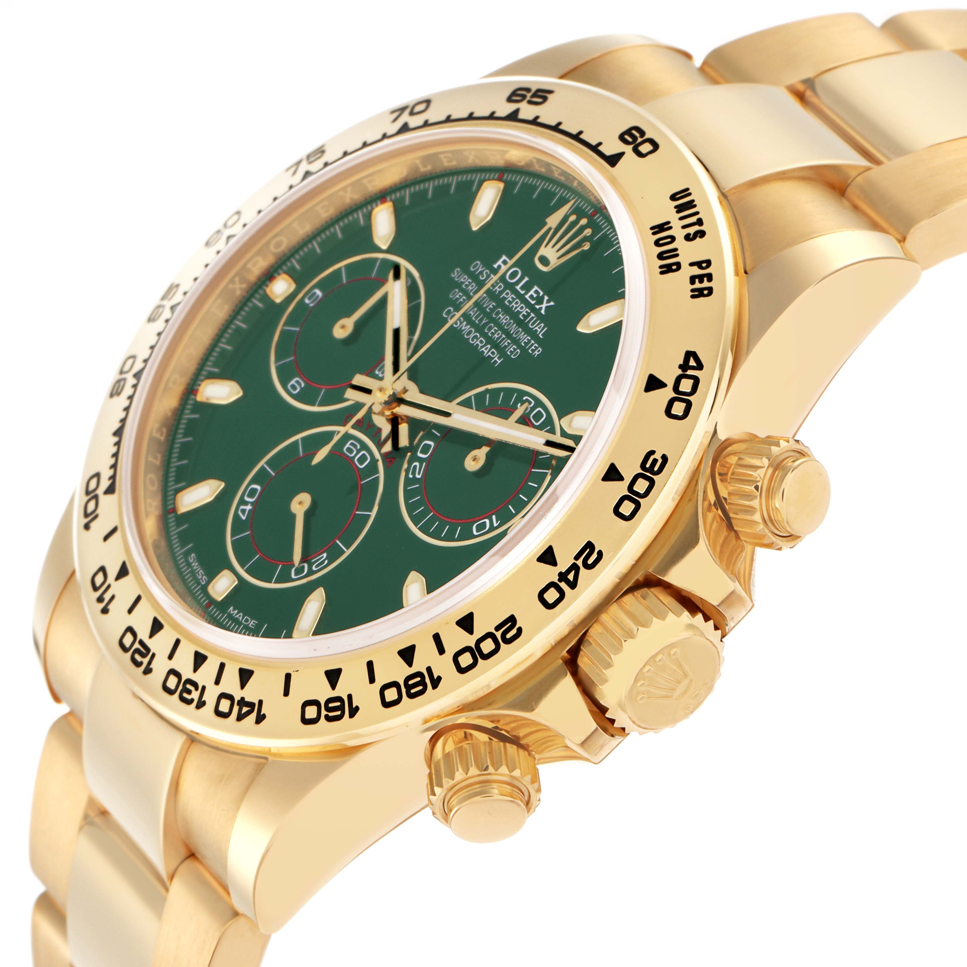 The image shows a Rolex Daytona model 116508 men
s watch at an angle highlighting the bezel, crown, pushers, bracelet, and part of the dial with subdials.