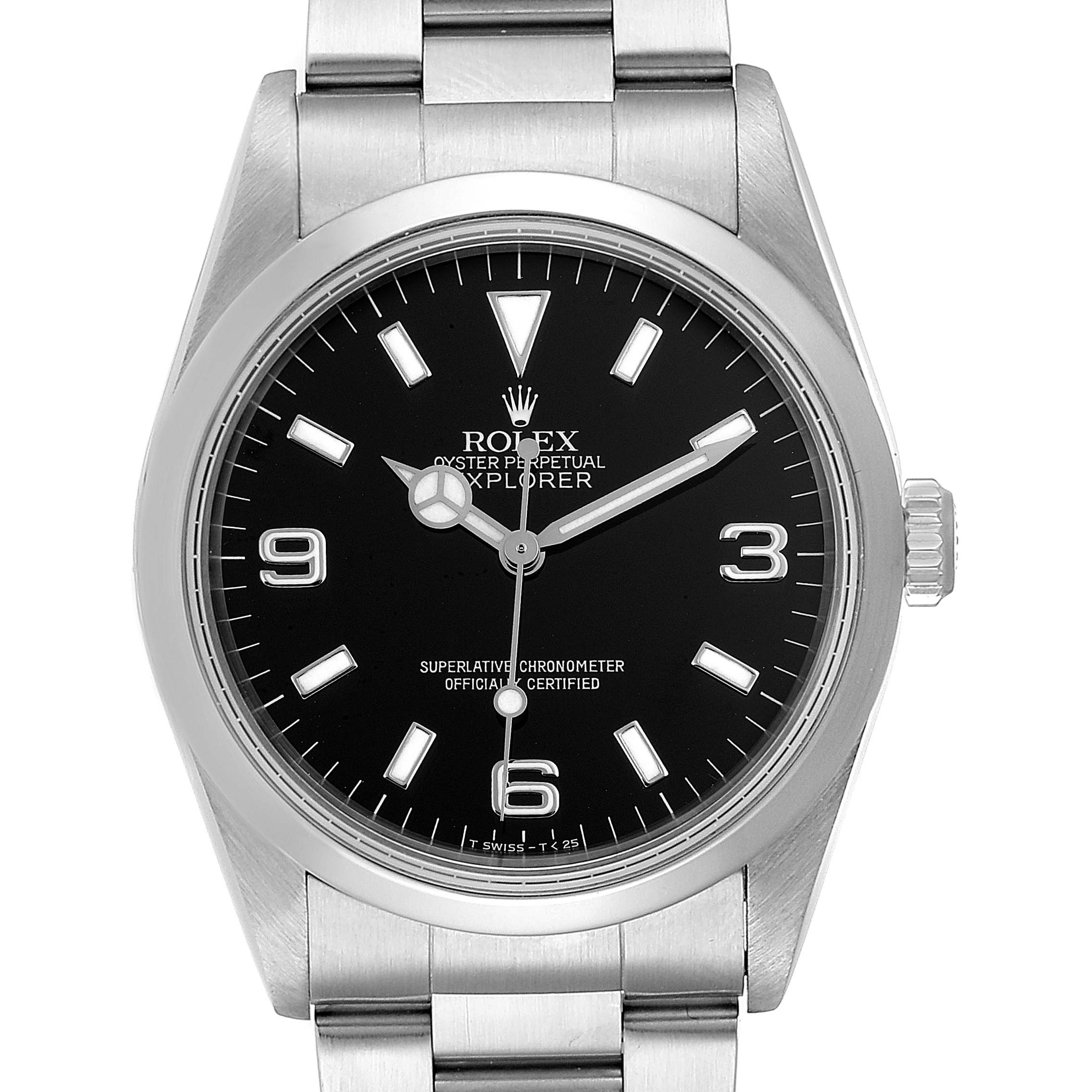 This image shows a front view of a Rolex Explorer 14270 Men
s Stainless Steel Black Dial 14270 Men
s Stainless Steel Black Dial watch, highlighting its dial, indices, hands, and bracelet.