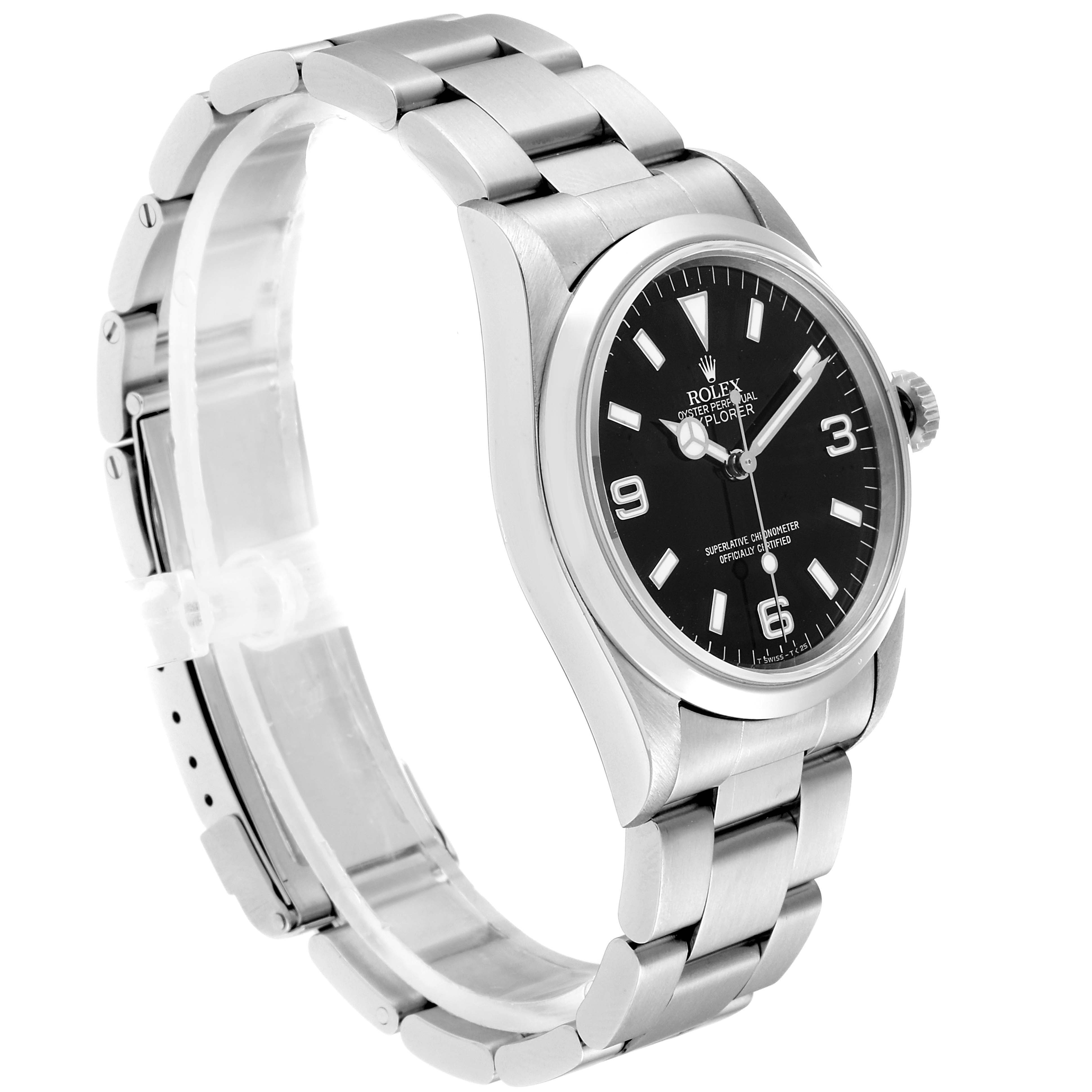 The Rolex Explorer 14270 Men
s Stainless Steel Black Dial 14270 Men
s Stainless Steel Black Dial watch is shown from a 3/4 angle displaying its face, bracelet, and side profile.