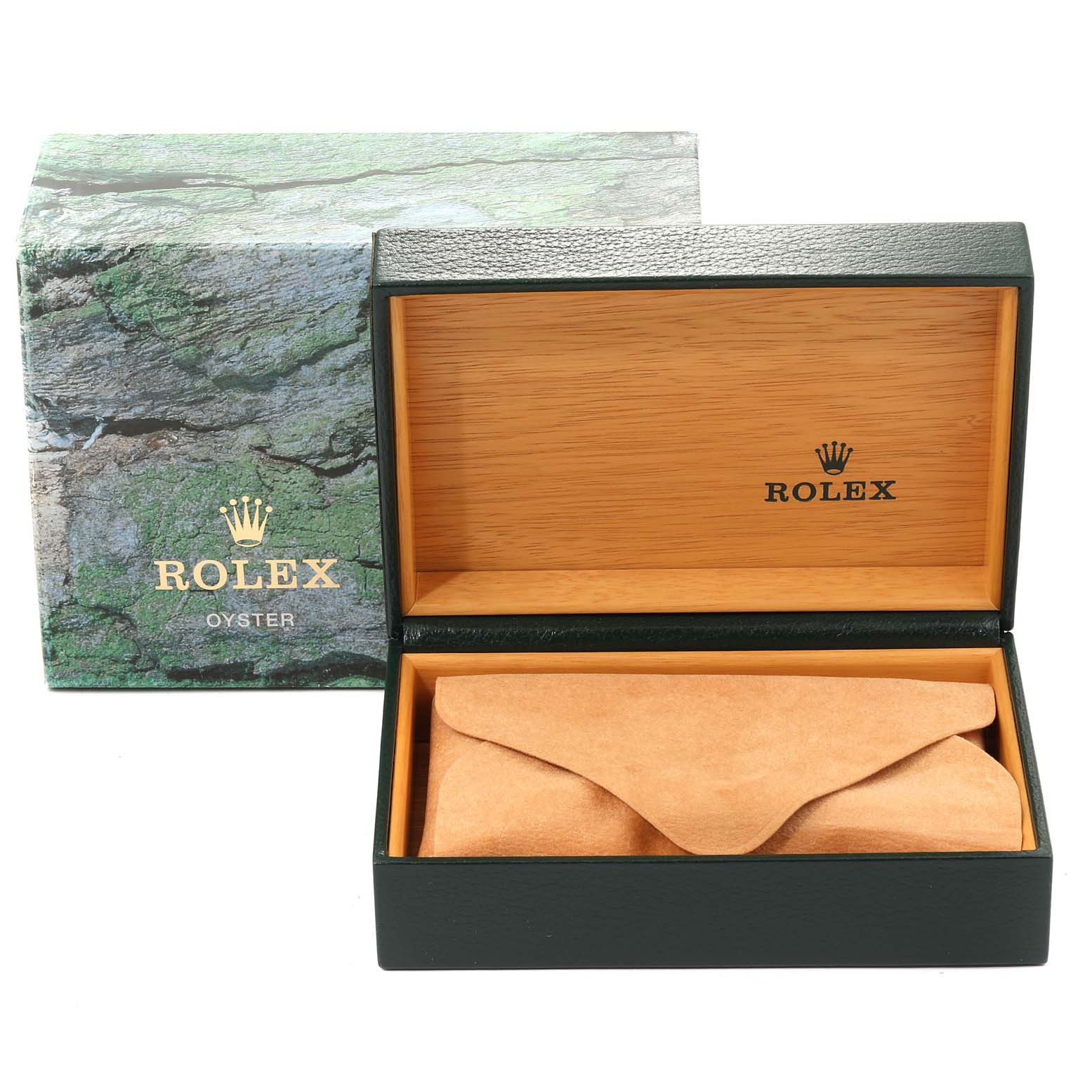The image shows the open packaging of a Rolex Explorer 14270 Men
s Stainless Steel Black Dial 14270 Men
s Stainless Steel Black Dial watch, highlighting its box and outer cover.