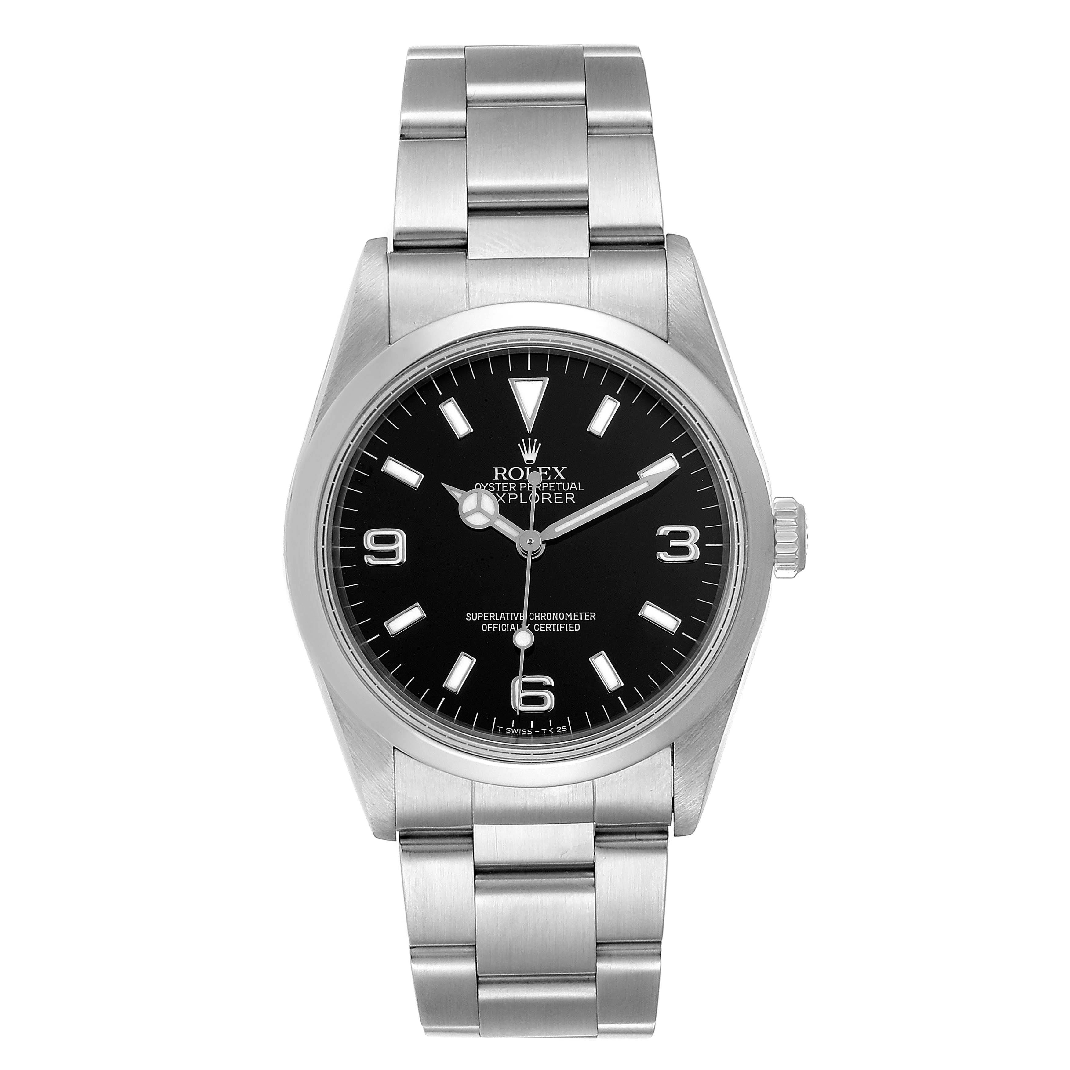 This image shows a front view of a Rolex Explorer 14270 Men
s Stainless Steel Black Dial 14270 Men
s Stainless Steel Black Dial watch, displaying the dial, case, and bracelet.