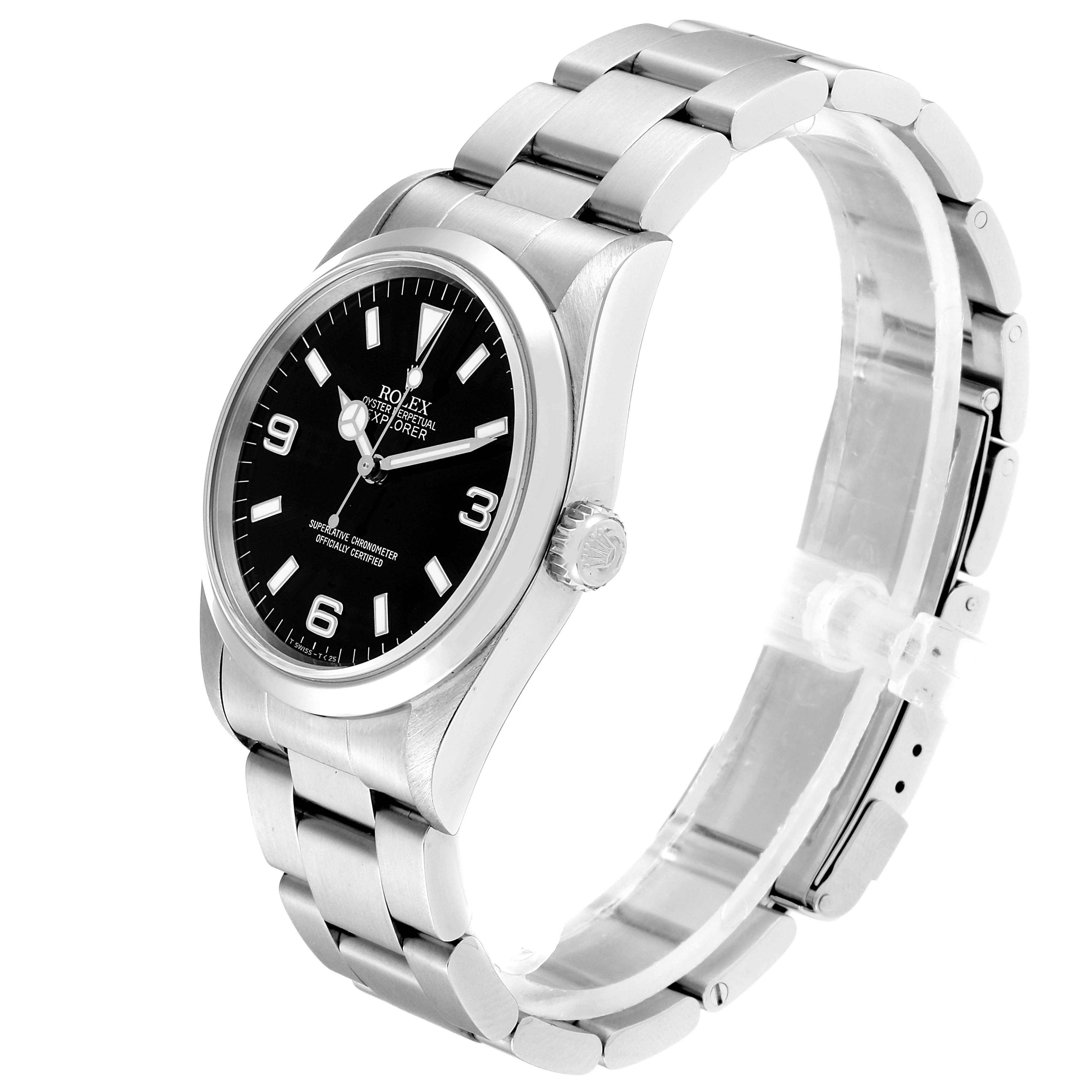 The image shows a Rolex Explorer 14270 Men
s Stainless Steel Black Dial 14270 Men
s Stainless Steel Black Dial watch from an angled side view, highlighting its face, dial, crown, and bracelet.