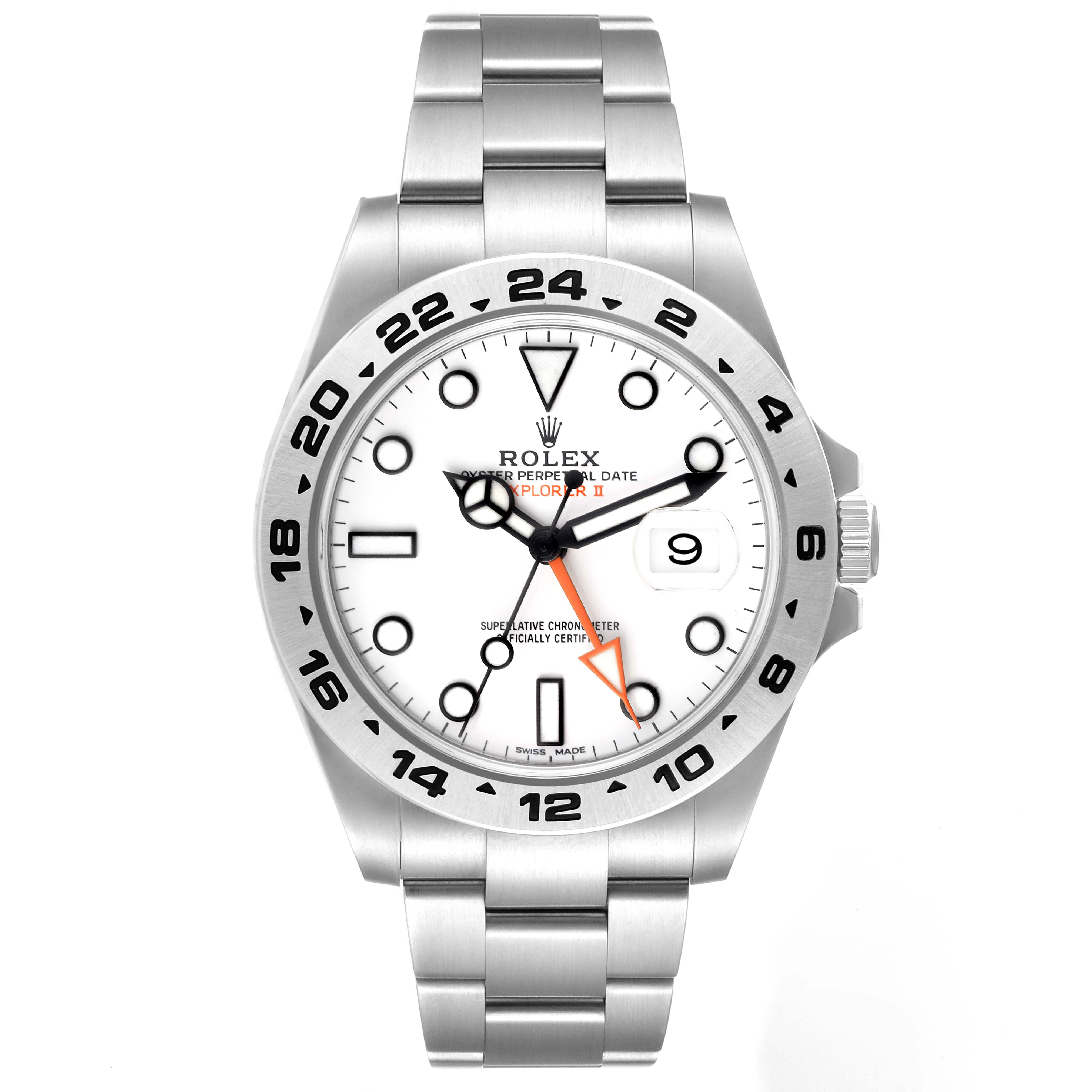 The image shows a front view of the Rolex Explorer 216570 Men
s Stainless Steel White Dial 216570 Men
s Stainless Steel White Dial watch, displaying its dial, hands, bezel, and bracelet.