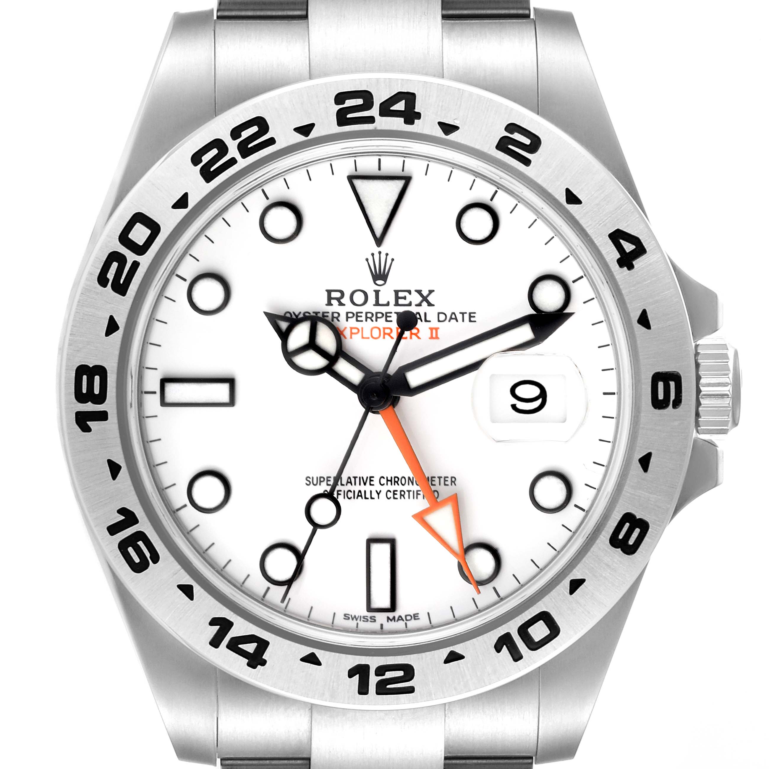 The image shows a front view of the Rolex Explorer 216570 Men
s Stainless Steel White Dial 216570 Men
s Stainless Steel White Dial watch, highlighting the dial, bezel, and part of the bracelet.