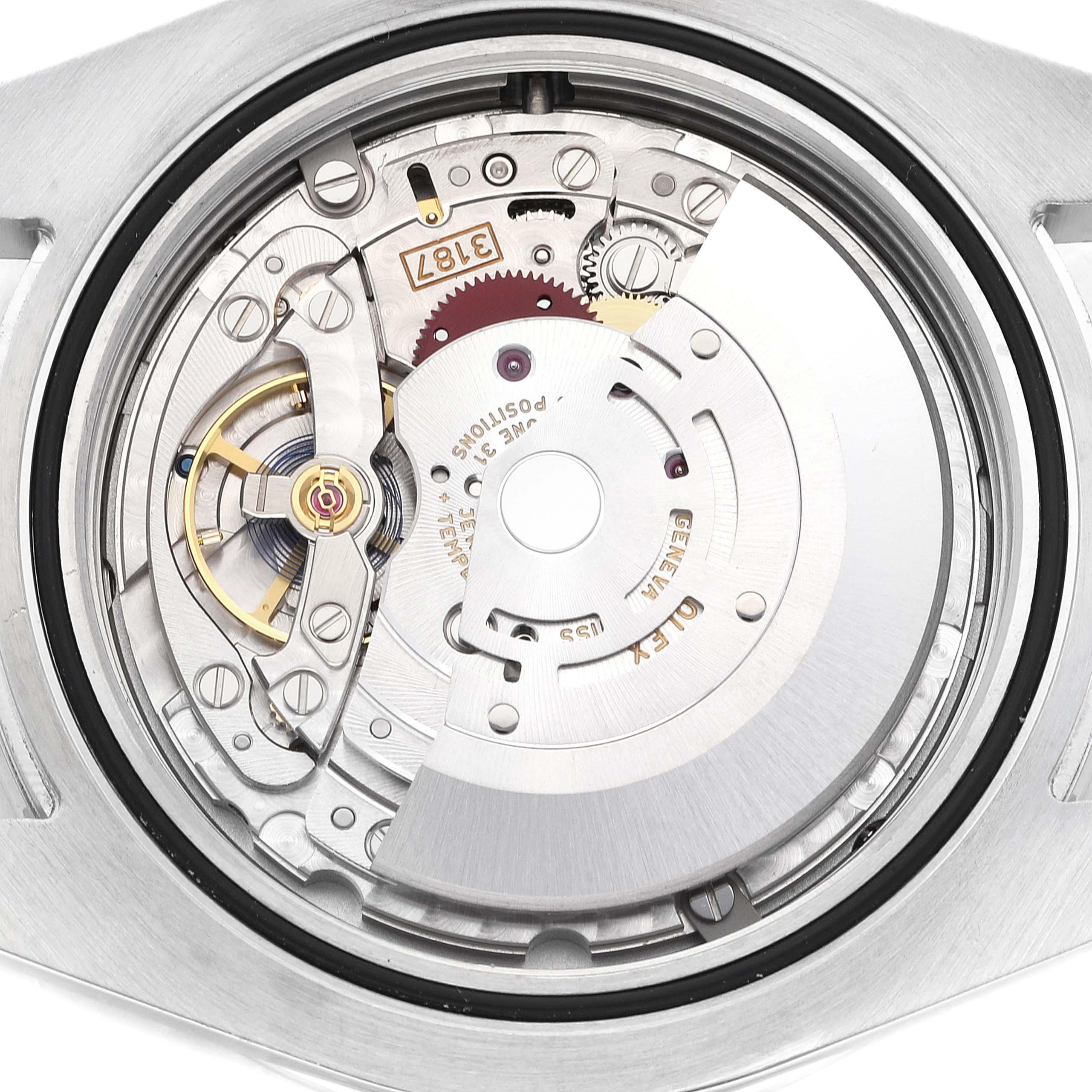 This image shows a close-up of the movement and intricate inner parts of a Rolex Explorer 216570 Men
s Stainless Steel White Dial 216570 Men
s Stainless Steel White Dial watch.