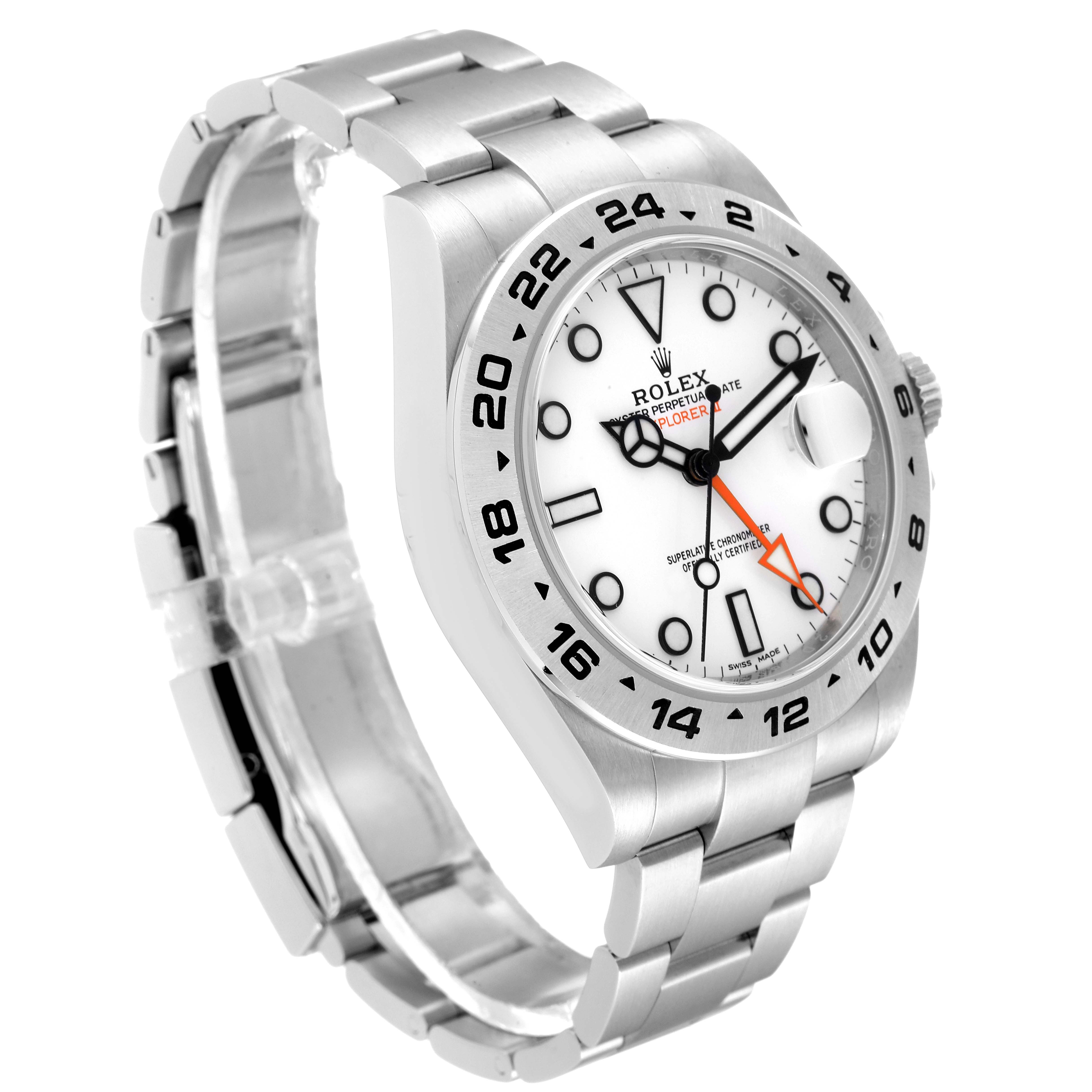 The image shows a Rolex Explorer 216570 Men
s Stainless Steel White Dial 216570 Men
s Stainless Steel White Dial model watch viewed from an upper-left angle, highlighting its face, bezel, and bracelet.