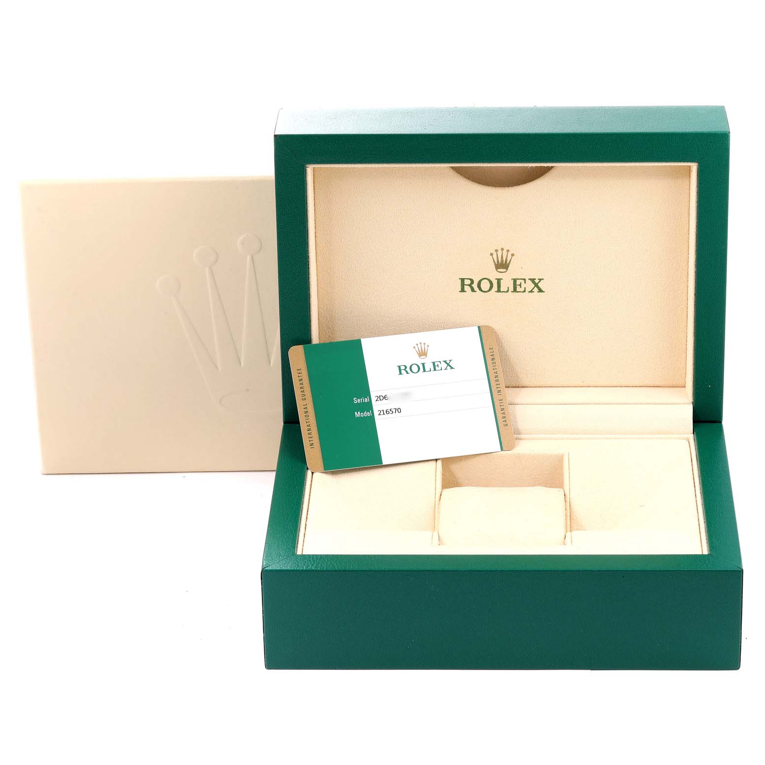 This image shows the packaging box, warranty card, and compartments for a Rolex Explorer 216570 Men
s Stainless Steel White Dial 216570 Men
s Stainless Steel White Dial watch model.