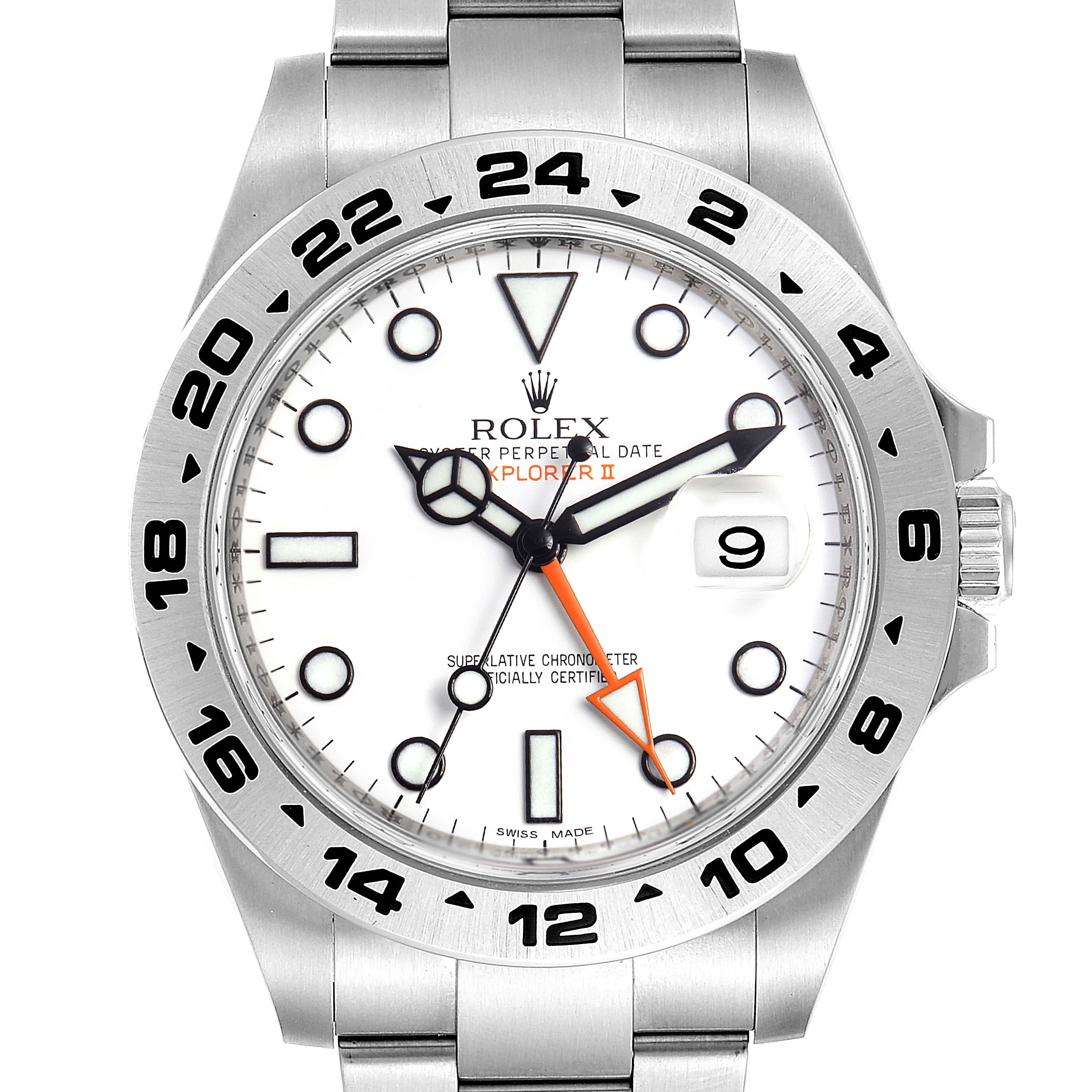 The Rolex Explorer 216570 Men
s Stainless Steel White Dial 216570 Men
s Stainless Steel White Dial watch is shown from a frontal angle, highlighting its bezel, dial, hands, and bracelet.