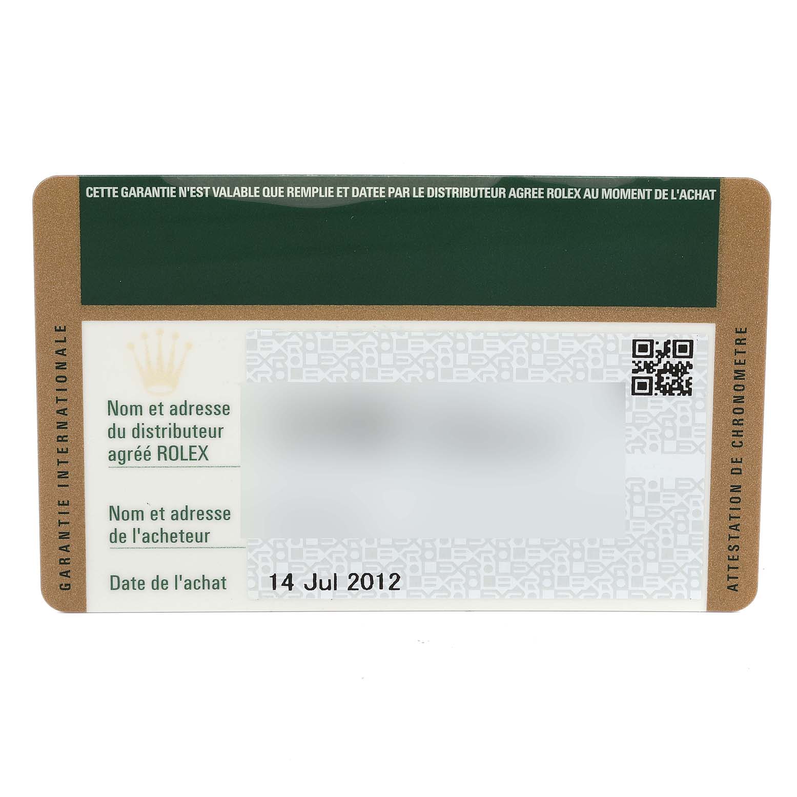 The image shows the international guarantee card for the Rolex Explorer 216570 Men
s Stainless Steel White Dial 216570 Men
s Stainless Steel White Dial model at a flat angle. 