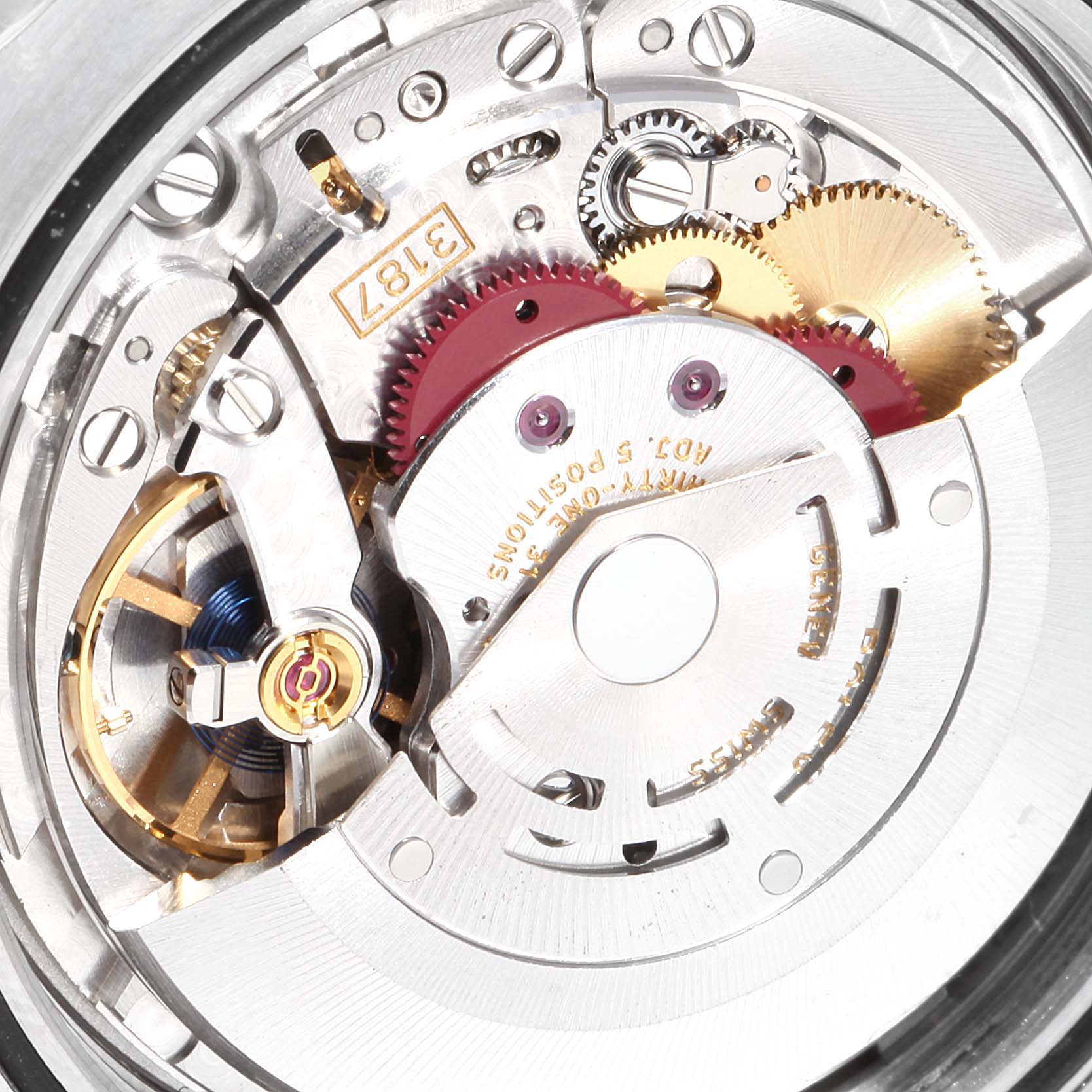 The image shows the internal movement mechanism of a Rolex Explorer 216570 Men
s Stainless Steel White Dial 216570 Men
s Stainless Steel White Dial model watch at a close-up angle.