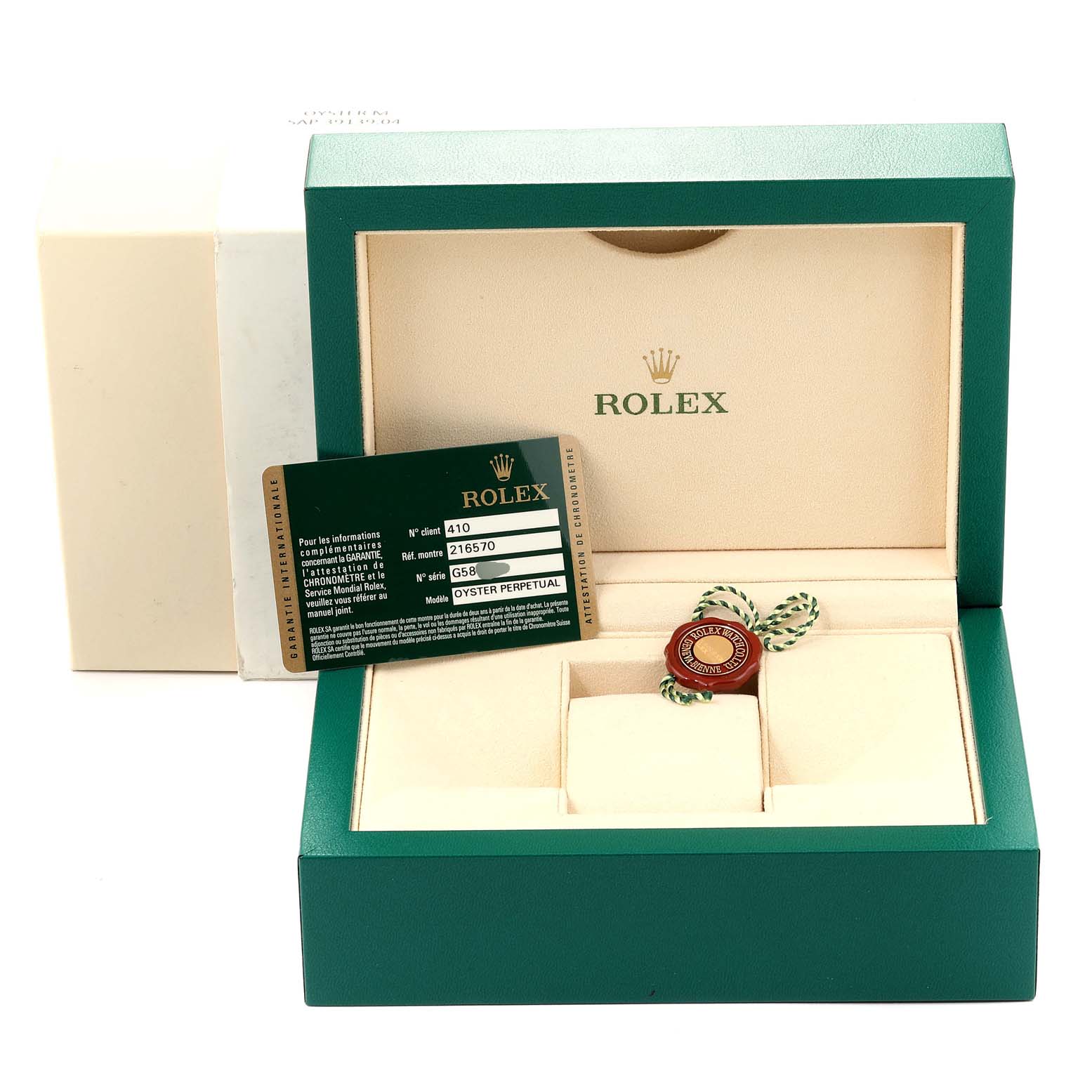 This image shows the open box of a Rolex Explorer 216570 Men
s Stainless Steel White Dial 216570 Men
s Stainless Steel White Dial model with Best Quality
ity card and hang tag, viewed from the front.