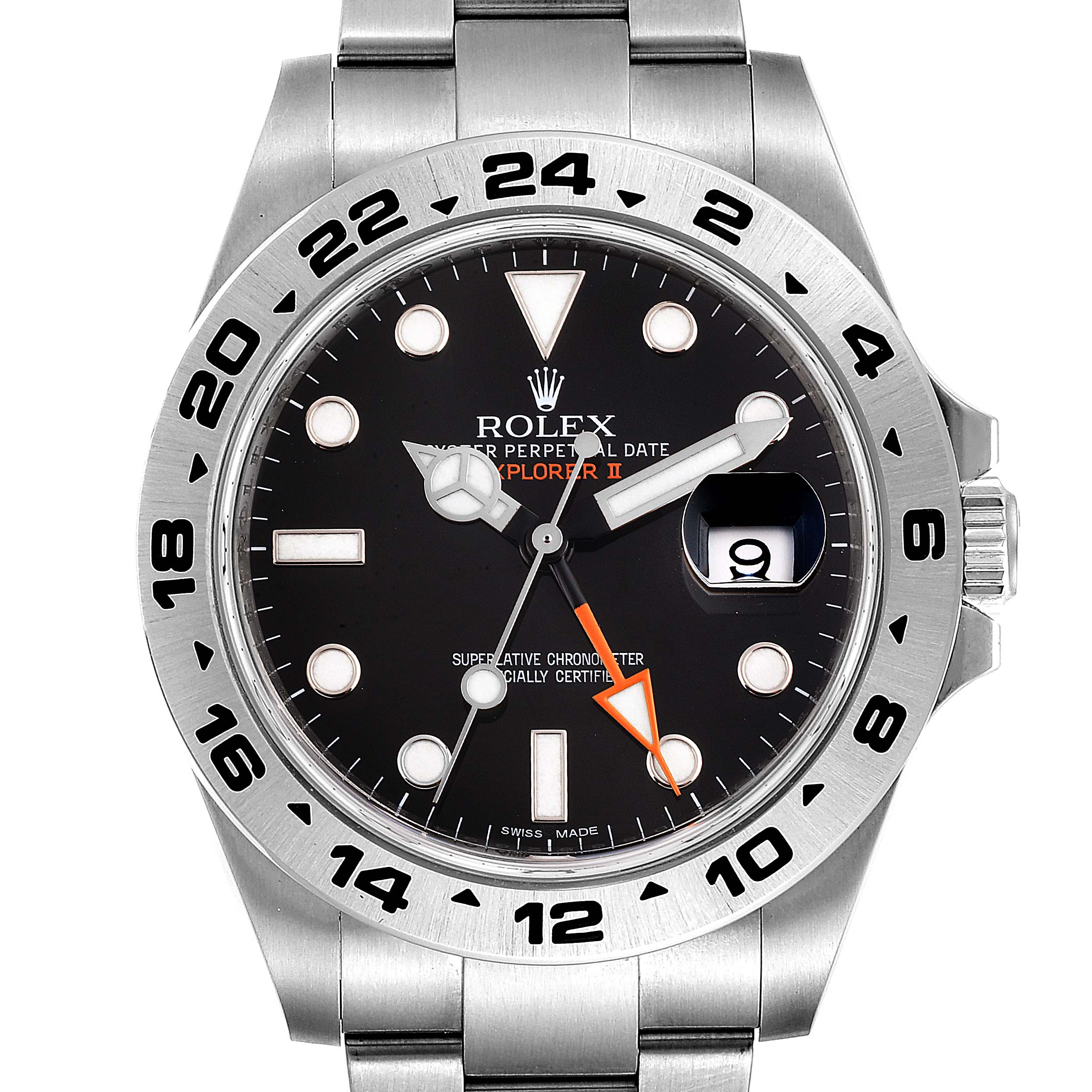The image shows a front view of the dial, bezel, and part of the bracelet of the Rolex Explorer 216570 Men
s Stainless Steel Black Dial 216570 Men
s Stainless Steel Black Dial watch.