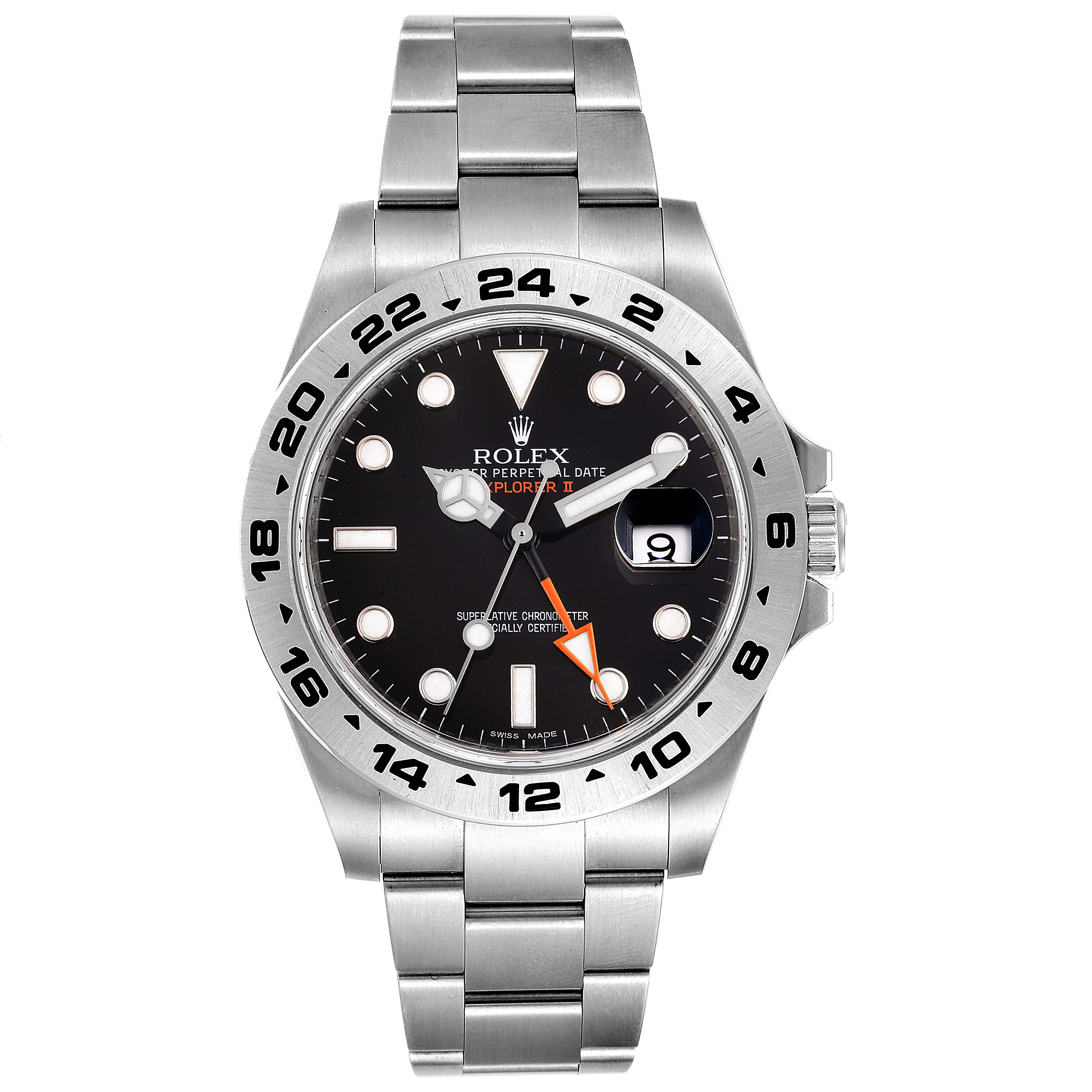 The image shows a front view of a Rolex Explorer 216570 Men
s Stainless Steel Black Dial 216570 Men
s Stainless Steel Black Dial watch with its dial, bezel, bracelet, and date window clearly visible.
