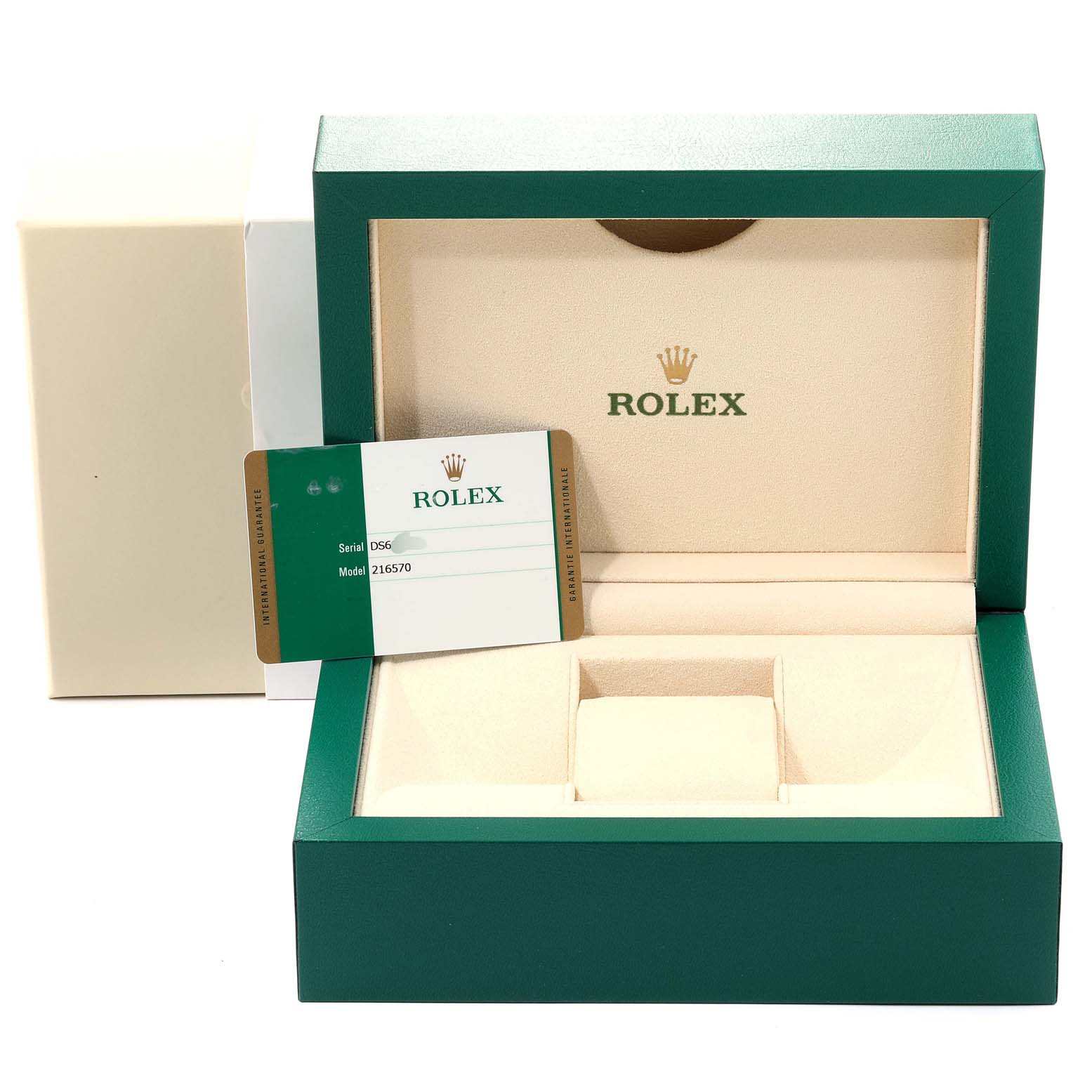 The image shows a Rolex Explorer 216570 Men
s Stainless Steel Black Dial 216570 Men
s Stainless Steel Black Dial watch accessories including a green box and a warranty card.