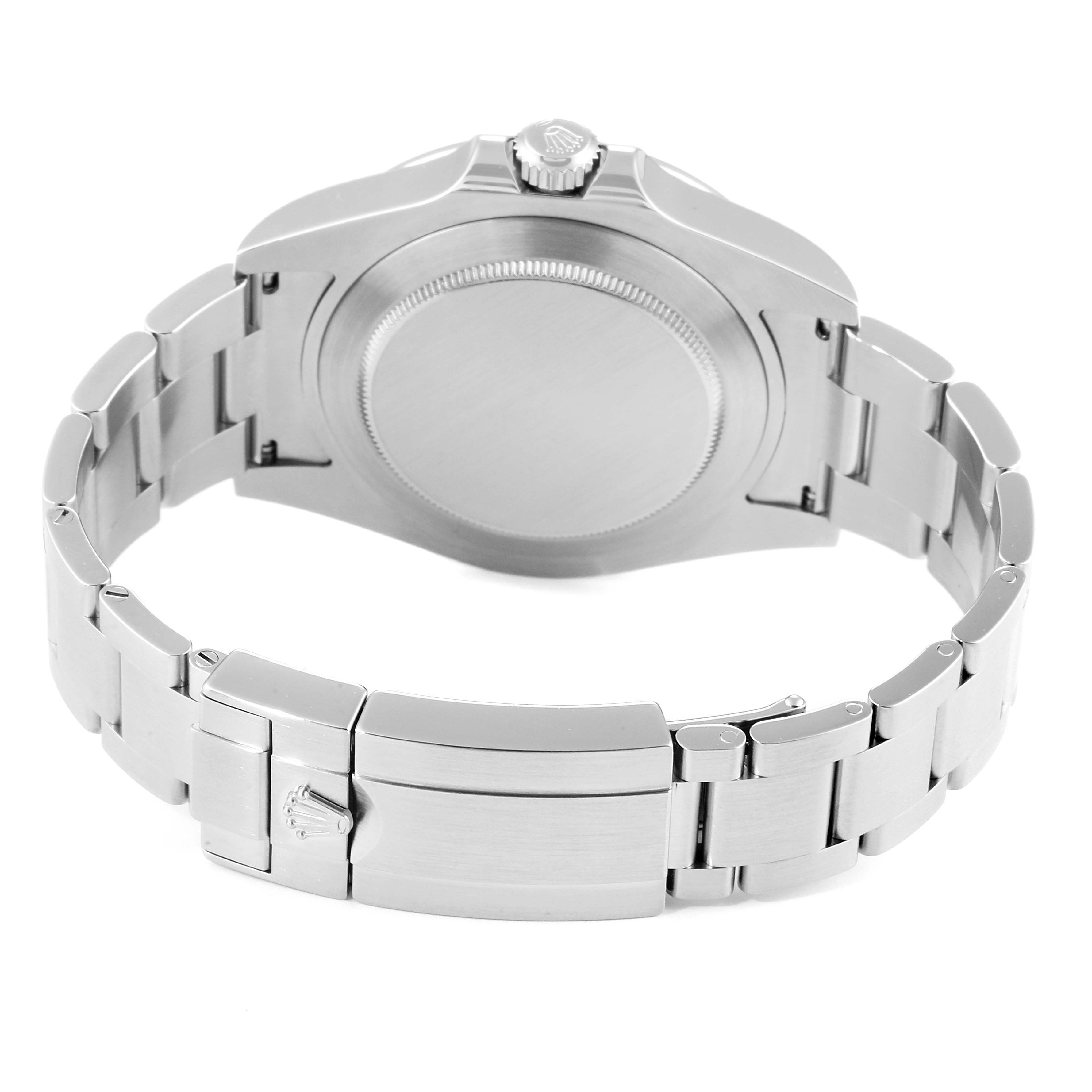 The image shows the back case, crown, and stainless steel bracelet of the Rolex Explorer 216570 Men
s Stainless Steel Black Dial 216570 Men
s Stainless Steel Black Dial watch.