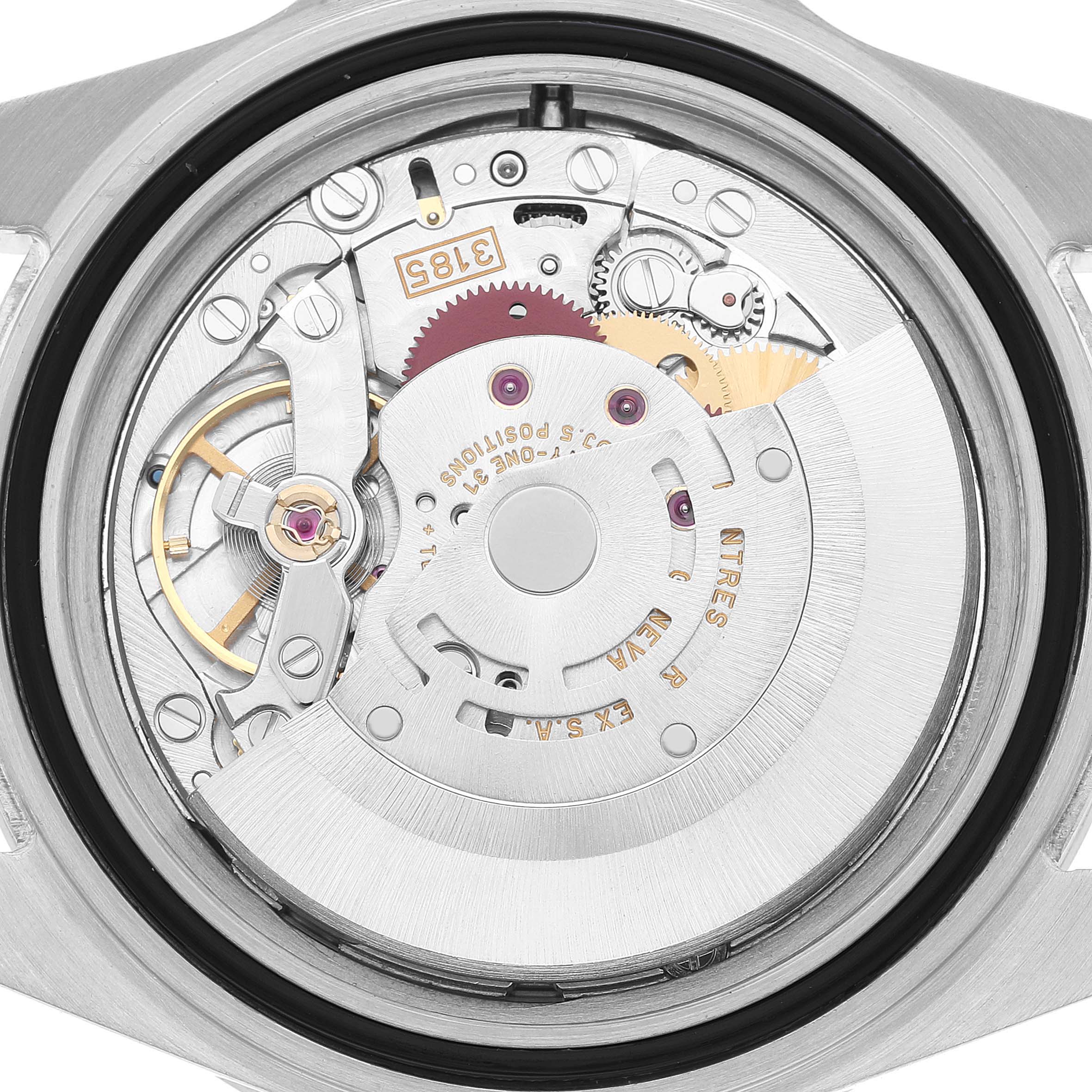 This image shows the movement mechanism of a Rolex Explorer 16570 Men's Stainless Steel White Dial watch from a rear, open-back angle.