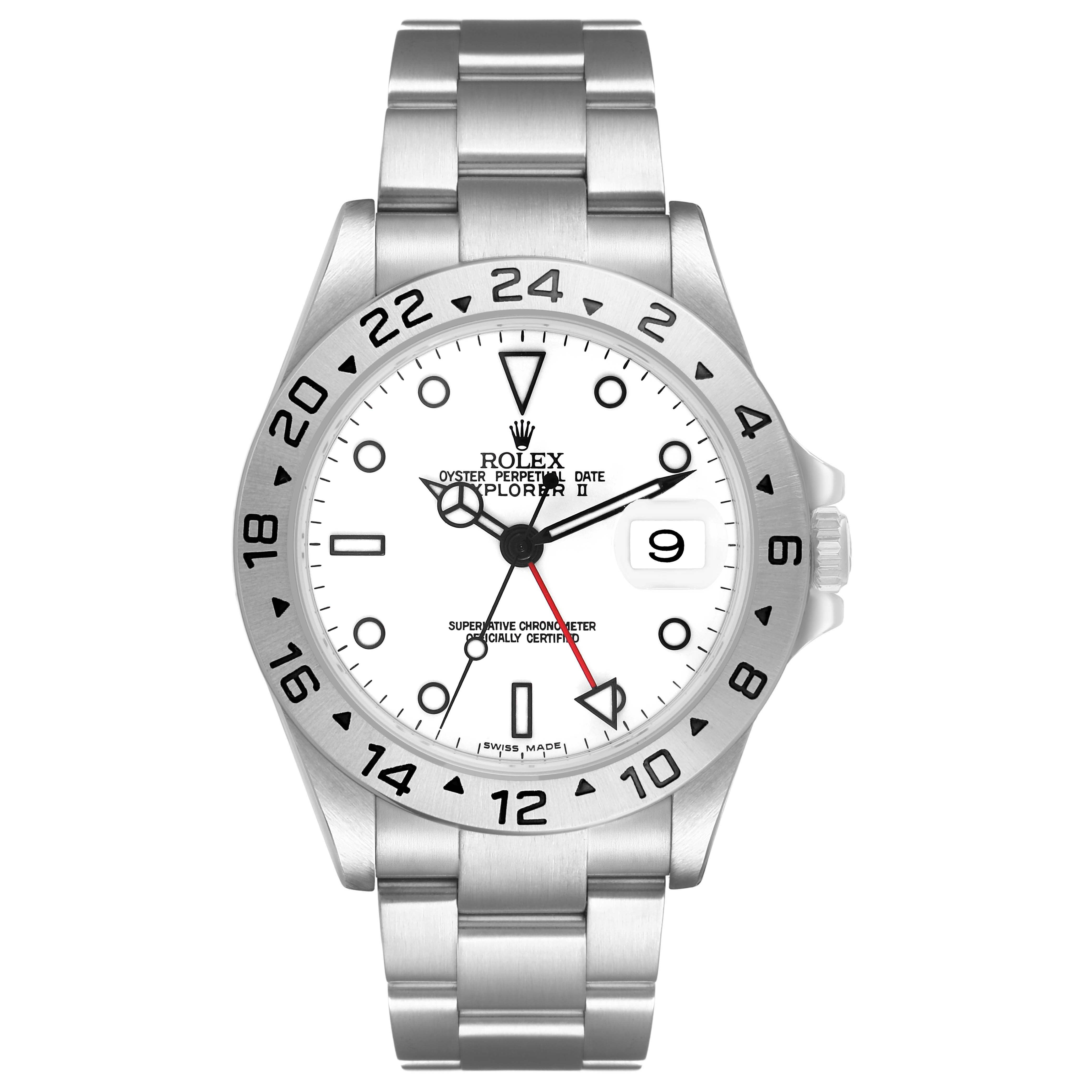 The Rolex Explorer 16570 Men's Stainless Steel White Dial model is shown from a front angle, displaying the dial, bezel, bracelet, and crown.