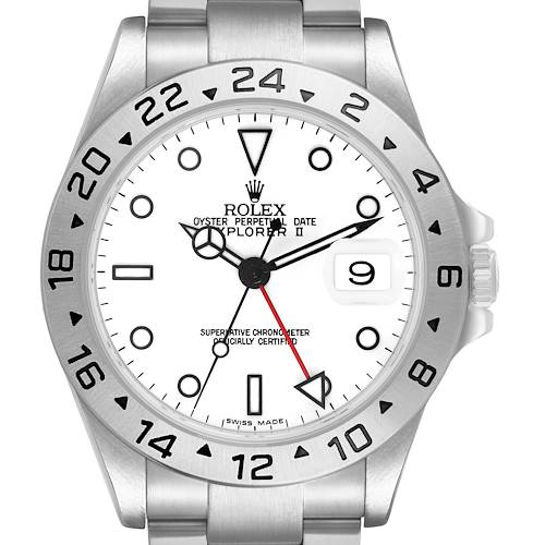 The Rolex Explorer 16570 Men's Stainless Steel White Dial II watch is shown from the front, highlighting its dial, markers, bezel, and crown.