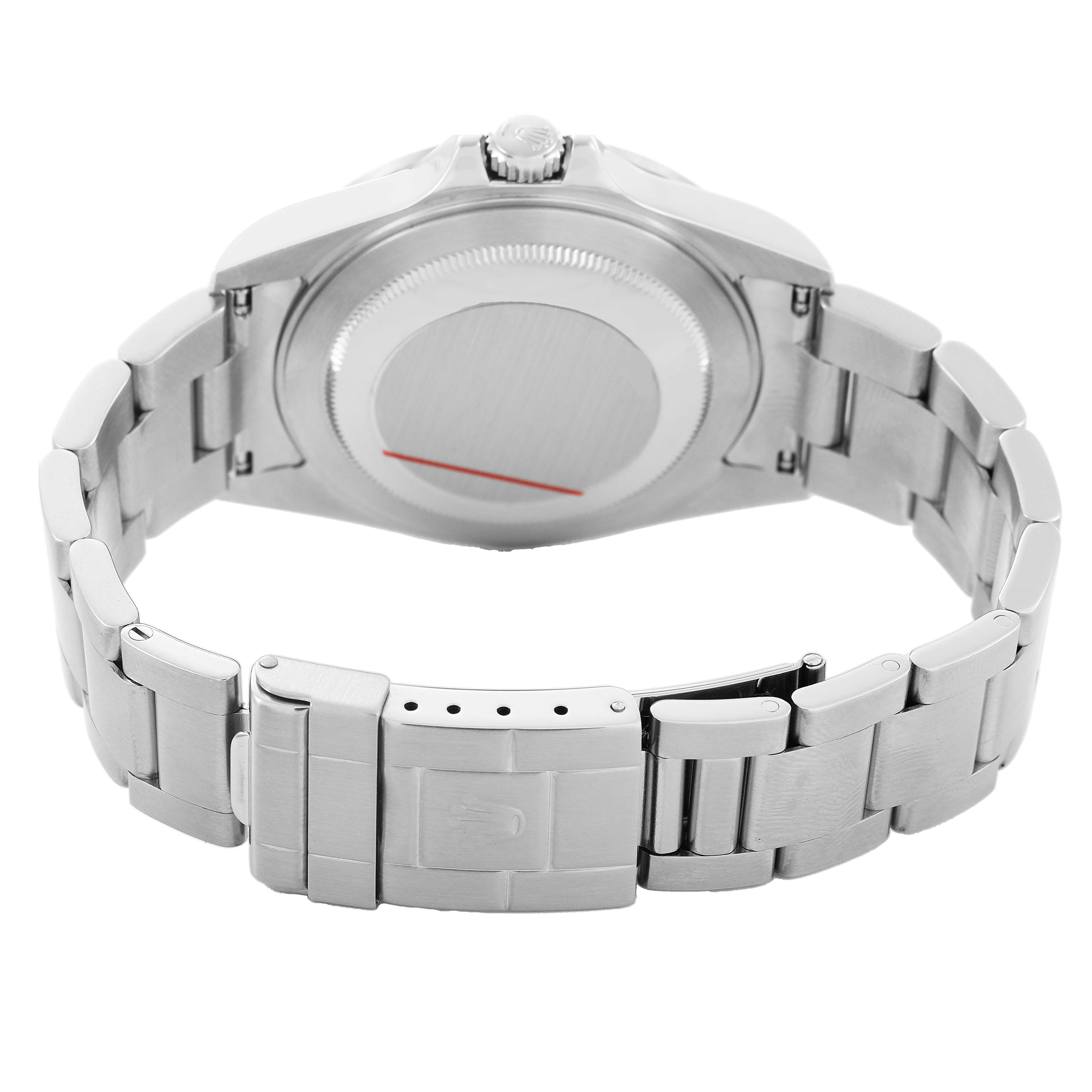 The image shows the back case and bracelet of a Rolex Explorer 16570 Men's Stainless Steel White Dial watch, highlighting the clasp and links.