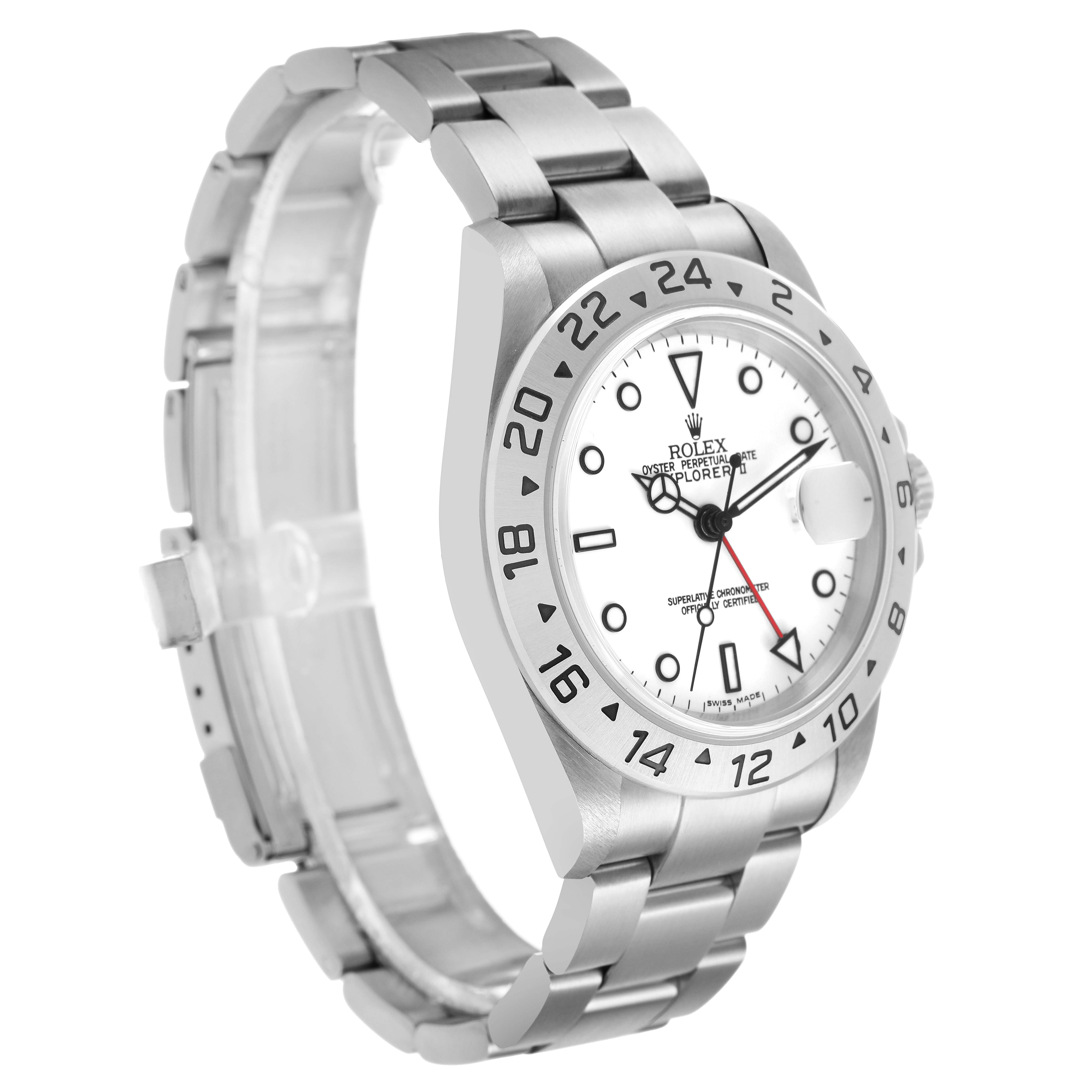 The Rolex Explorer 16570 Men's Stainless Steel White Dial model is shown at a slight angle, displaying its stainless steel bracelet, bezel, and white dial with markers and hands.