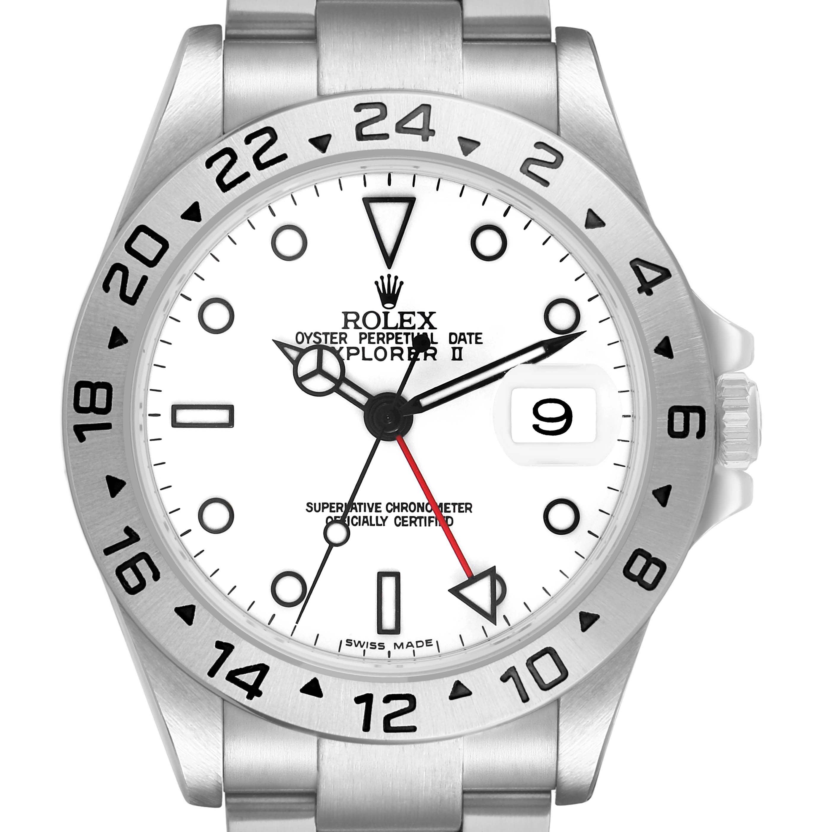 The Rolex Explorer 16570 Men's Stainless Steel White Dial watch is shown from a front view, highlighting the dial, hands, bezel, and bracelet.