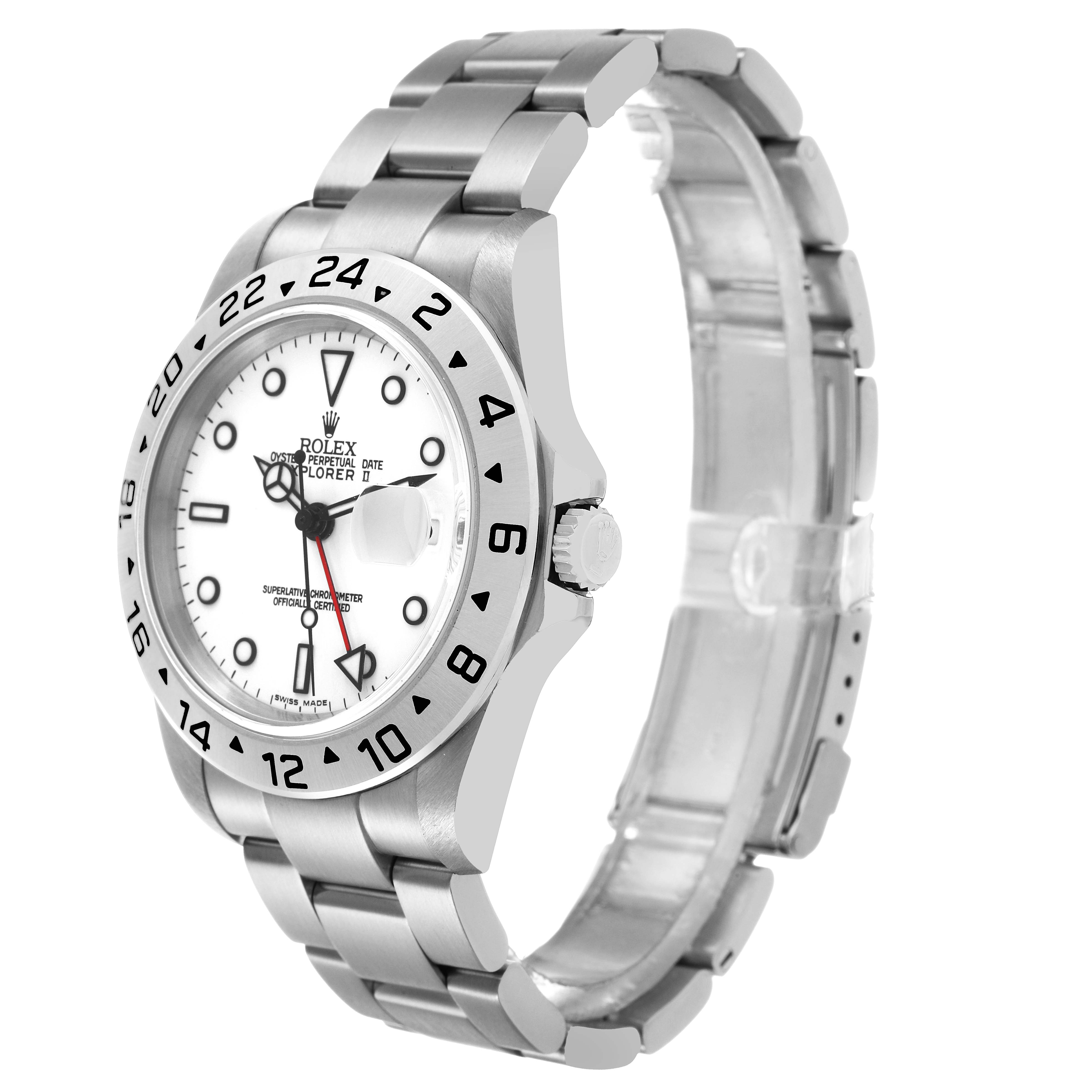 The Rolex Explorer 16570 Men's Stainless Steel White Dial watch is shown at a three-quarter angle, highlighting the dial, bezel, and bracelet.