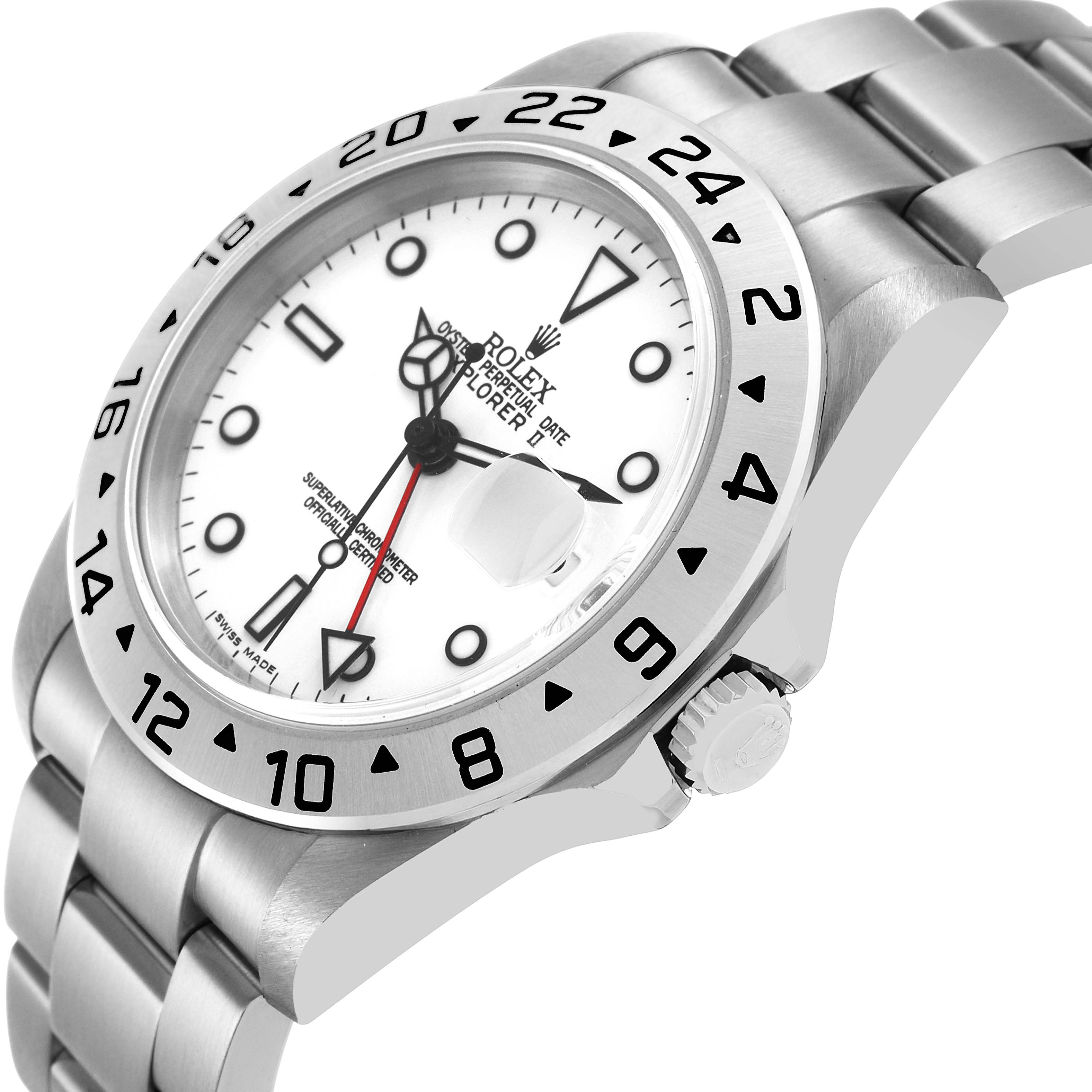 The Rolex Explorer 16570 Men's Stainless Steel White Dial model is shown from an angled side view, highlighting the bezel, dial, crown, and part of the bracelet.
