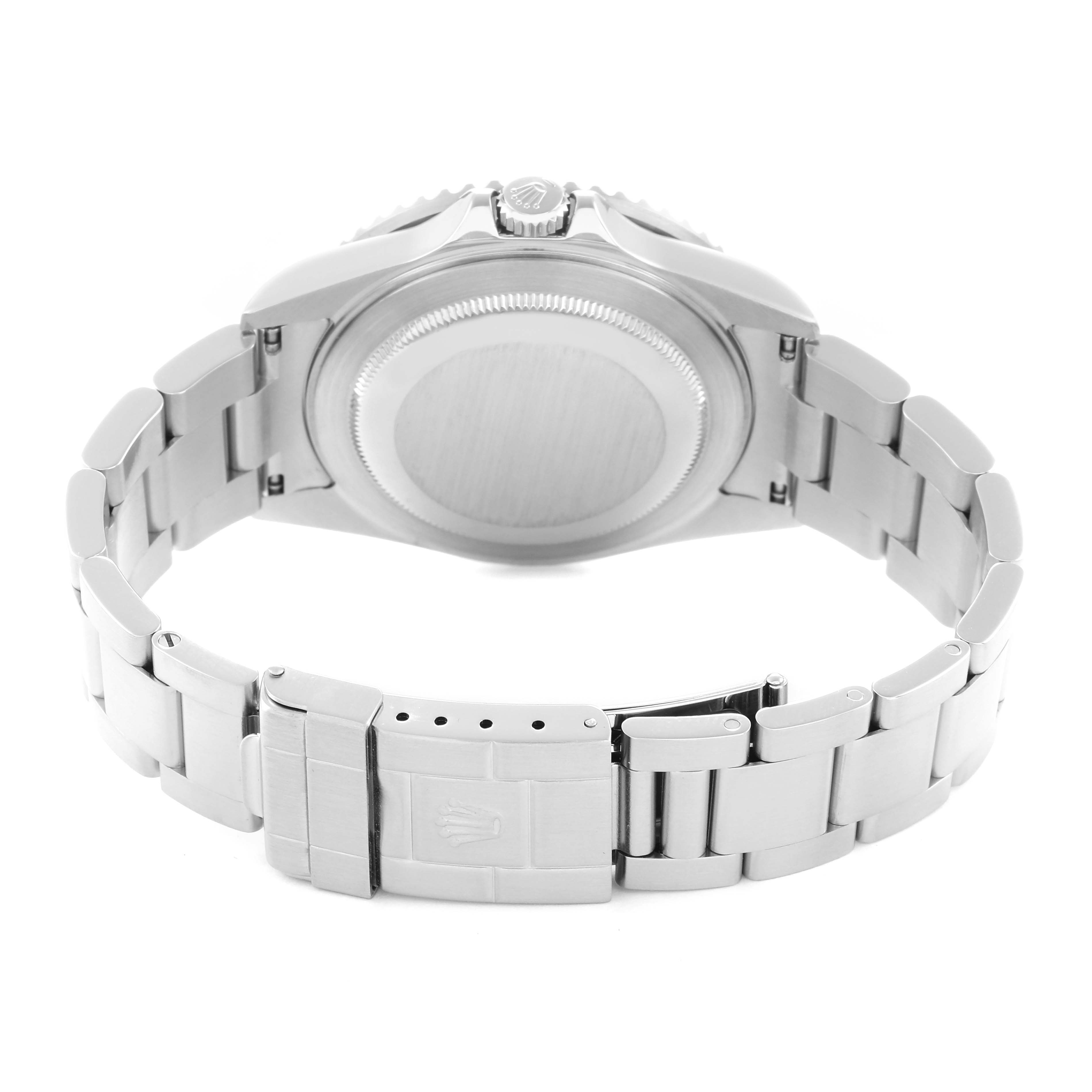 The image shows the back and bracelet of a Rolex GMT-Master model 16710 men's watch, highlighting the case back, bracelet links, and clasp.