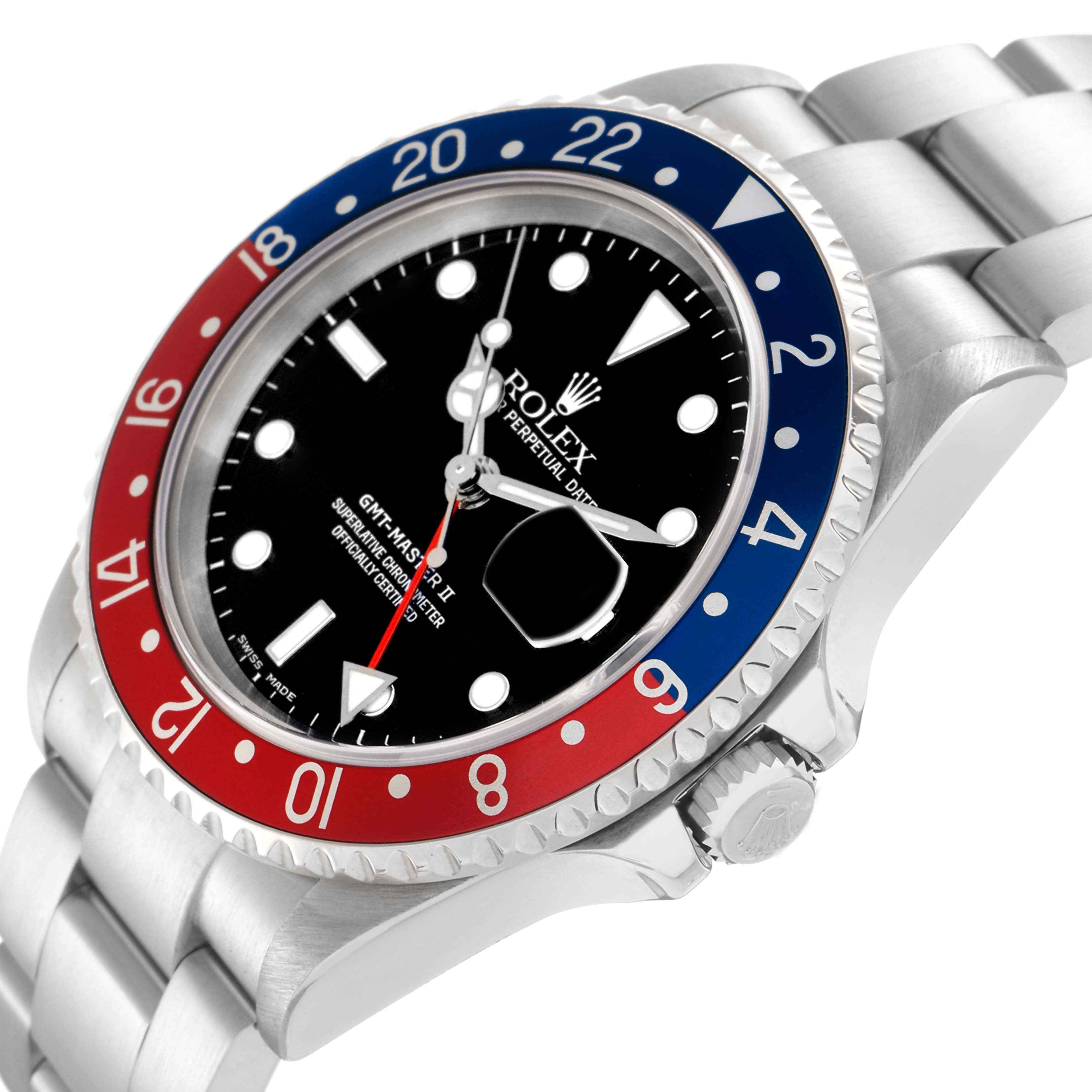 The Rolex GMT-Master model 16710 is shown at an angle highlighting the bezel, face, crown, and part of the bracelet.