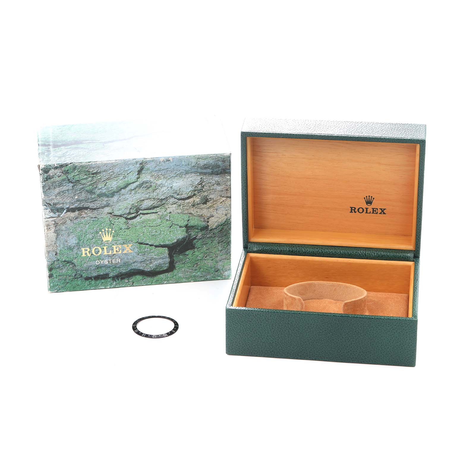 The image shows a Rolex GMT-Master model 16710 box and box cover, with no watch inside, and an additional bezel lying flat.