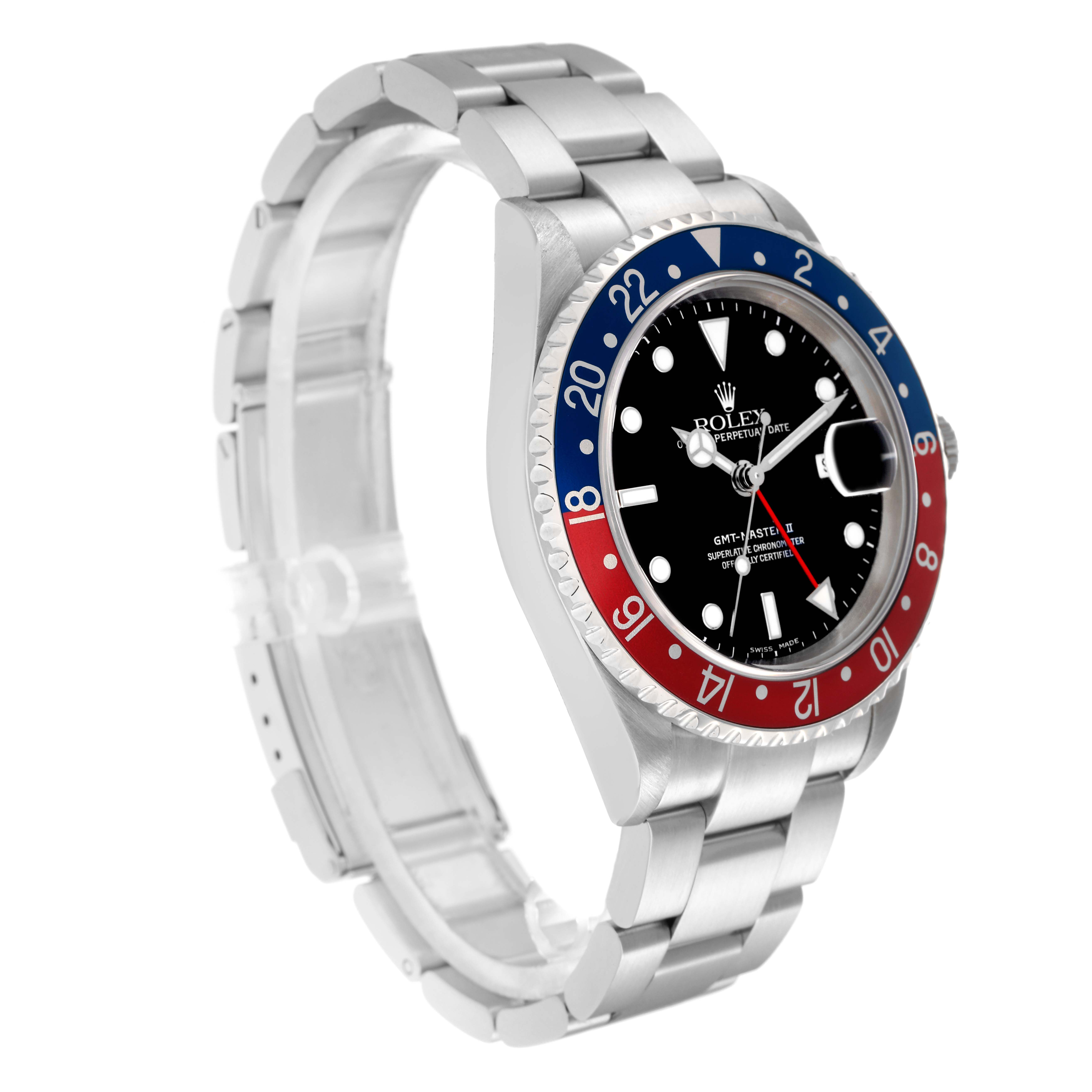 The Rolex GMT-Master model 16710 is shown at an angled side view, highlighting the bezel, dial, bracelet, and crown.