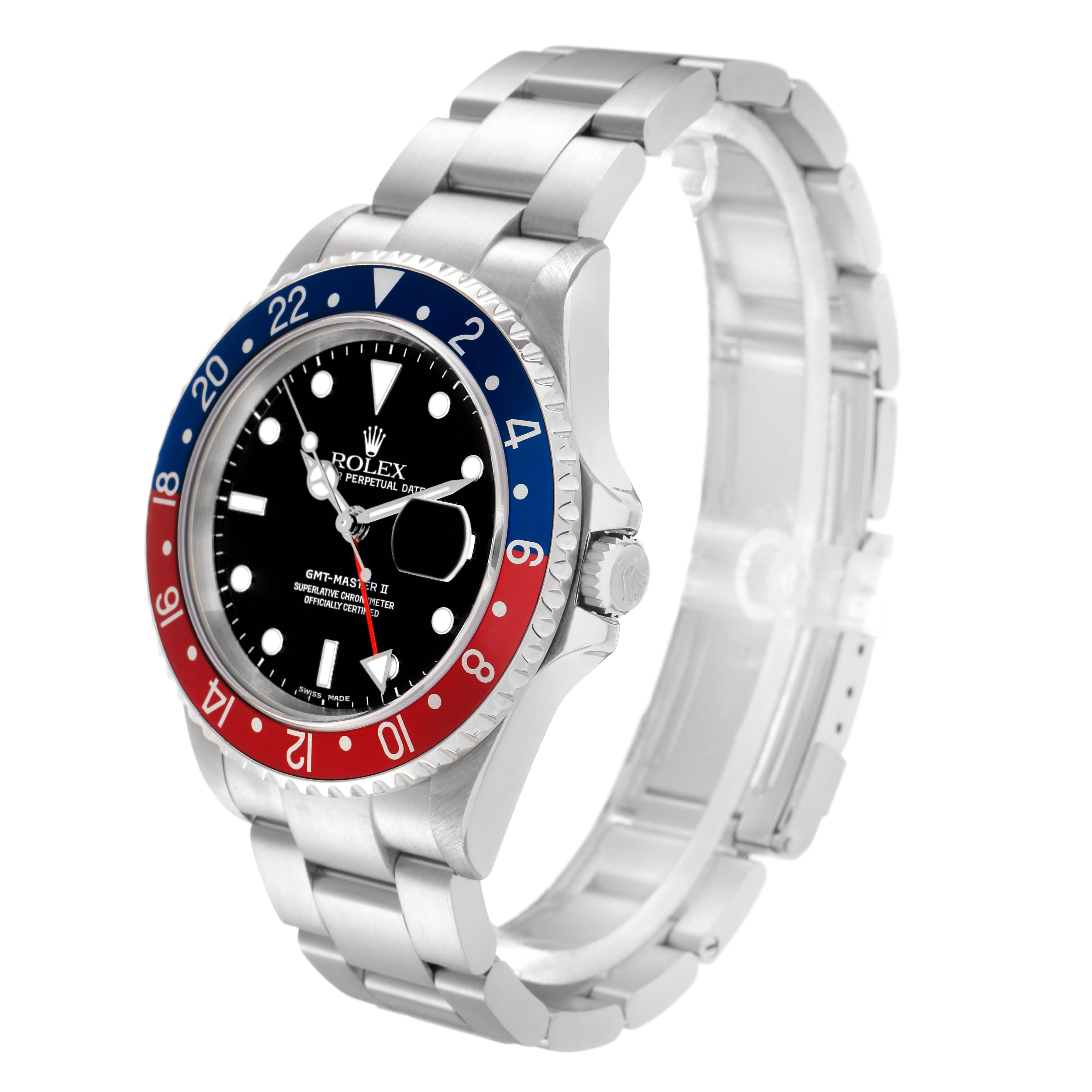 The image shows the Rolex GMT-Master model 16710 at a three-quarter angle, highlighting the bezel, dial, case, and bracelet.