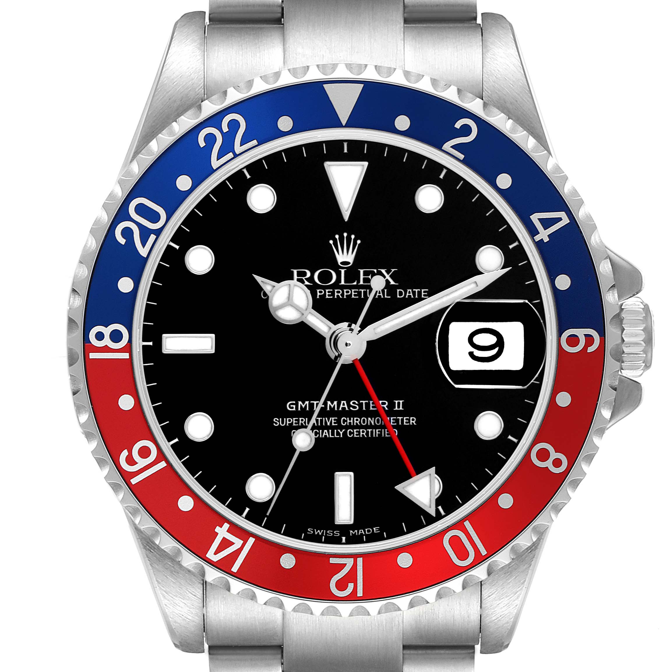 The image shows a frontal view of the Rolex GMT-Master II model 16710, highlighting its Pepsi bezel and dial with the date feature.